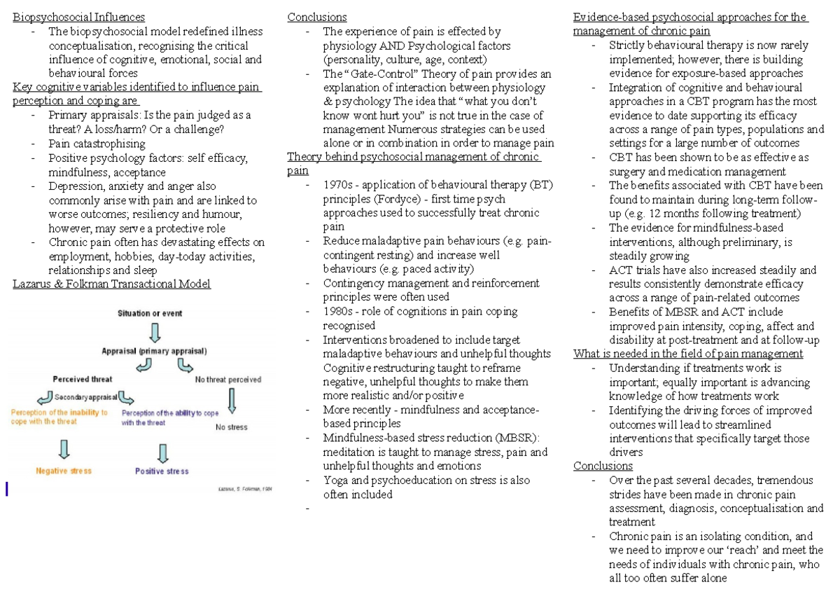 Week 7 Lecture notes (Pain) - Evidence-based psychosocial approaches ...