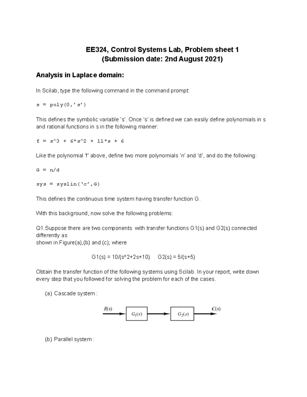 EE324 LAB Problem sheet 1 - EE324, Control Systems Lab, Problem sheet 1 ...