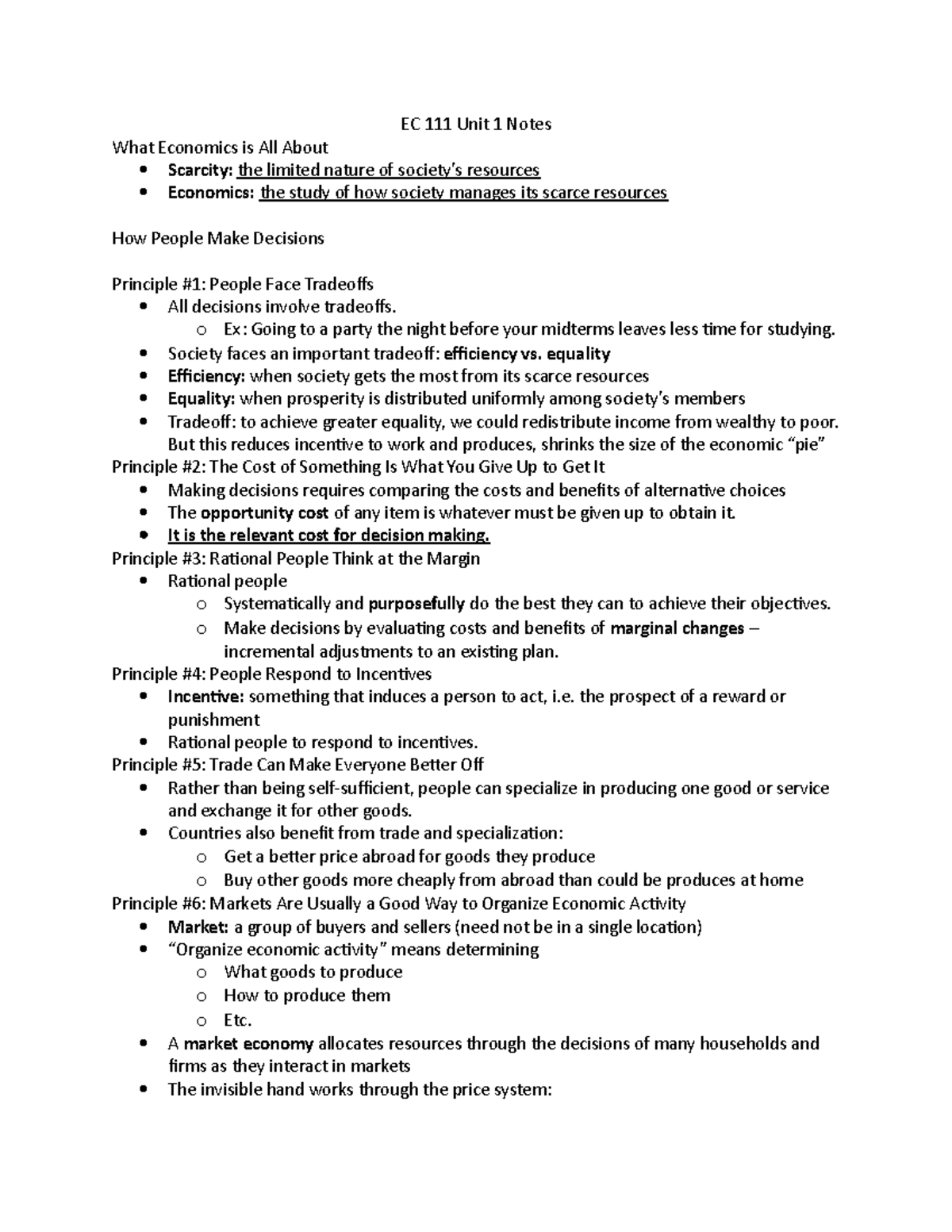 EC 111 Unit 1 Notes - EC 111 Unit 1 Notes What Economics is All About ...