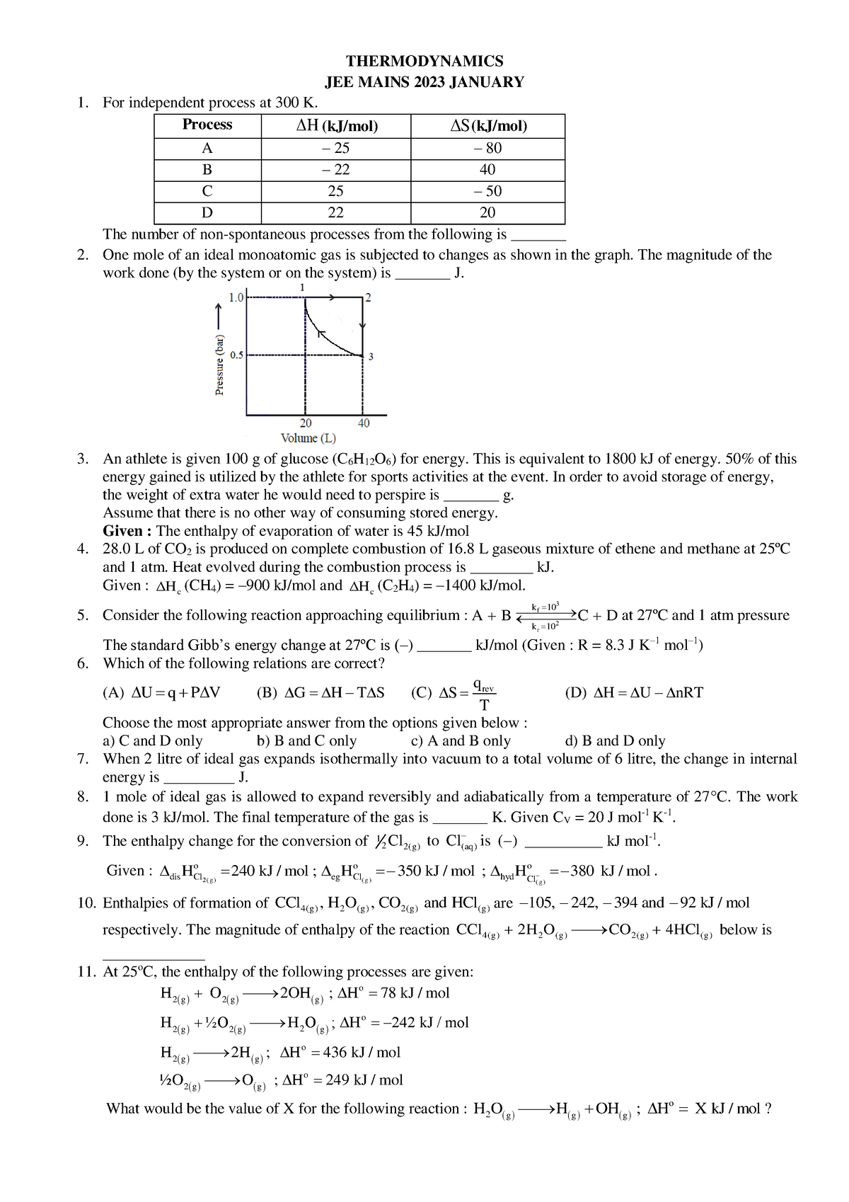 Thermodynamics JEE PYQ-2 - THERMODYNAMICS JEE MAINS 2023 JANUARY For ...