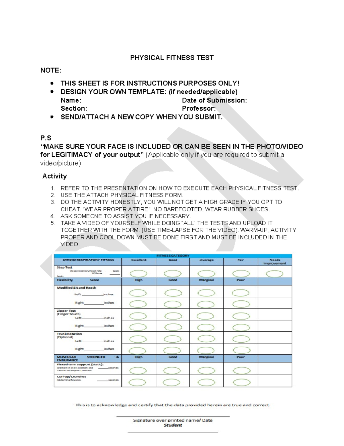 PUP Pathfit 2 Requirement - PHYSICAL FITNESS TEST NOTE: THIS SHEET IS ...