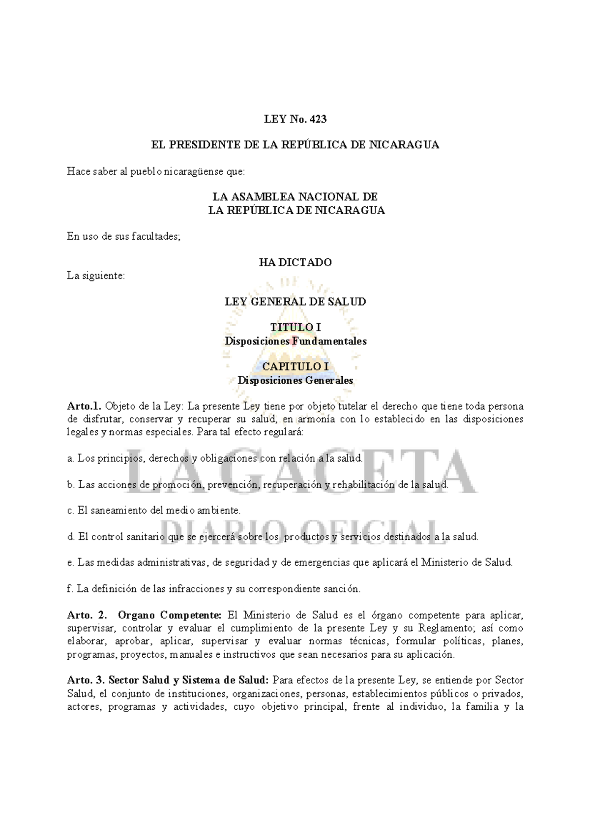 LEY General DE Salud NIC LEY No. 423 EL PRESIDENTE DE LA REP⁄BLICA DE