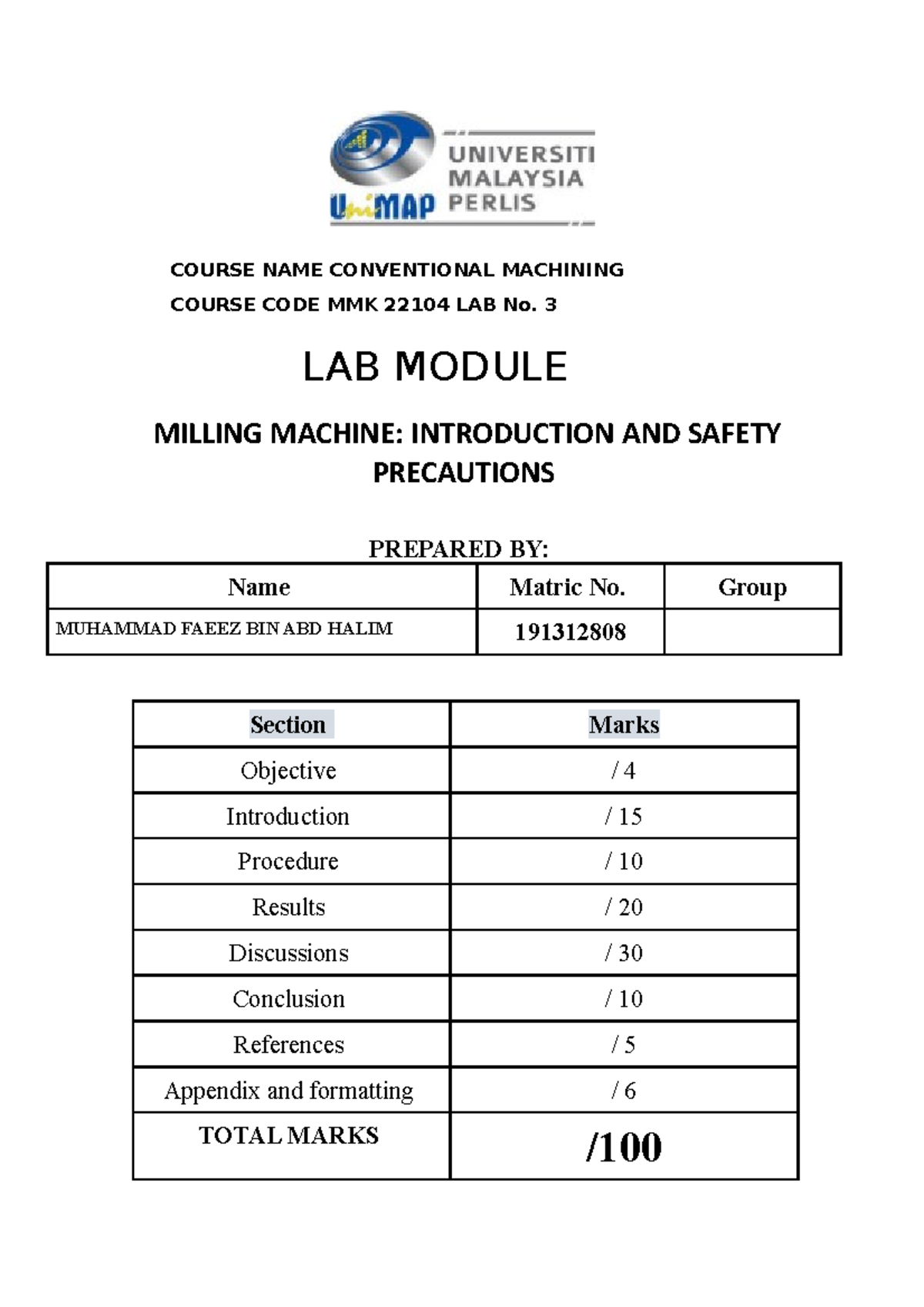 Lab 3 Milling Machine Introduction AND Safety Precautions COURSE
