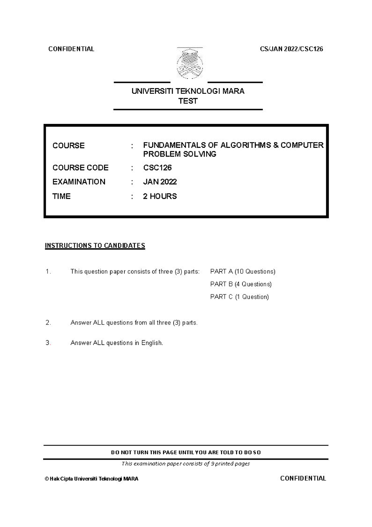 CSC126 TEST Februari 2022 - Fundamental of Algorithm and Computer ...