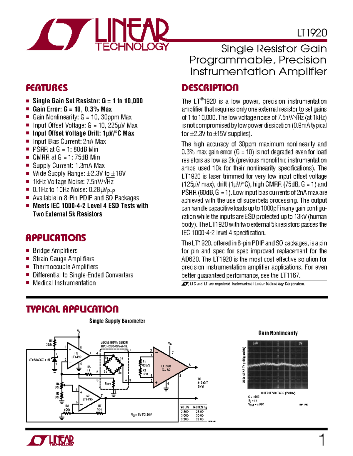 LT1920 Datasheet notes Single Resistor Gain Programmable, Precision