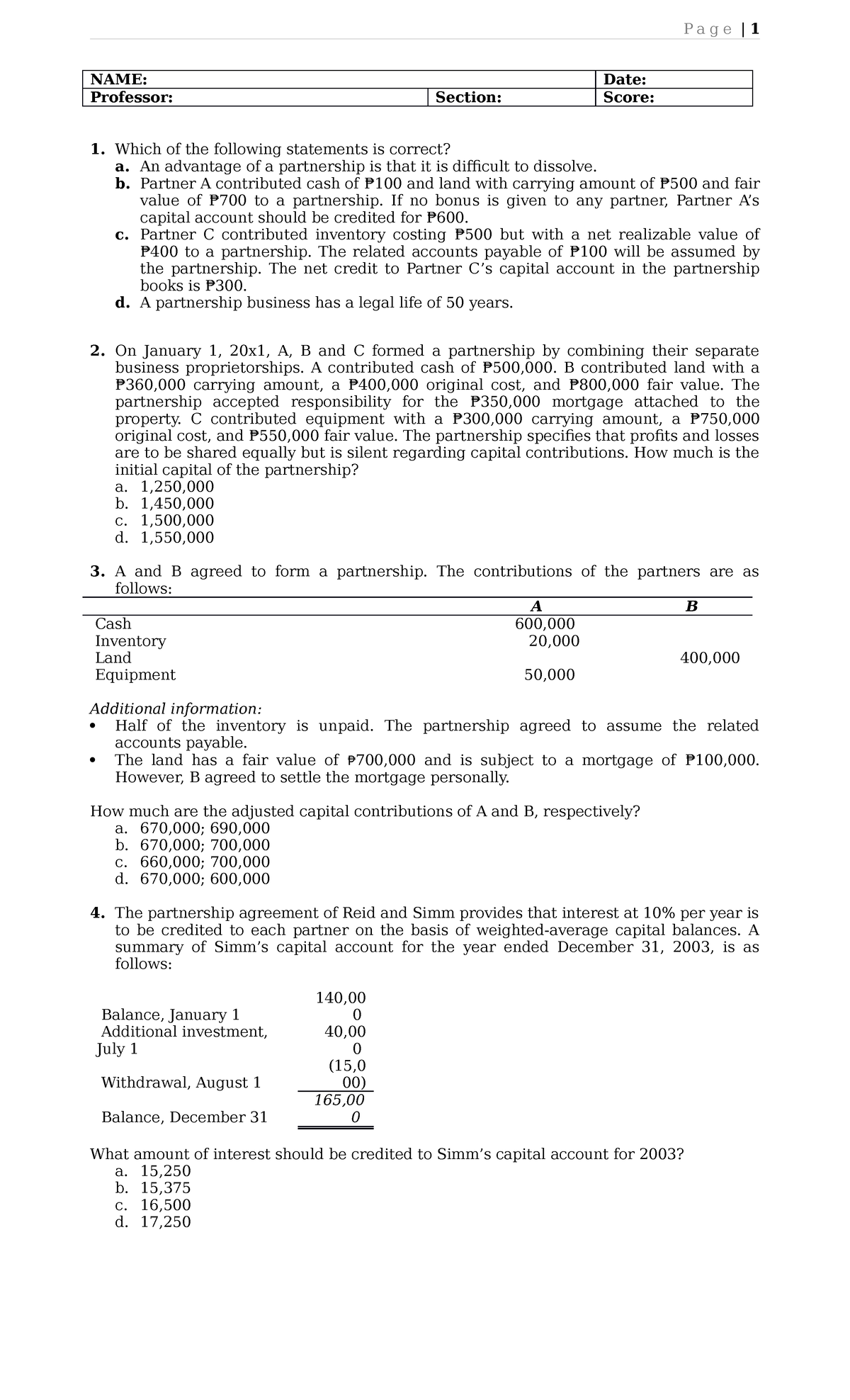 AFAR'Assignment 2 Answer KEY - NAME: Date: Professor: Section: Score ...