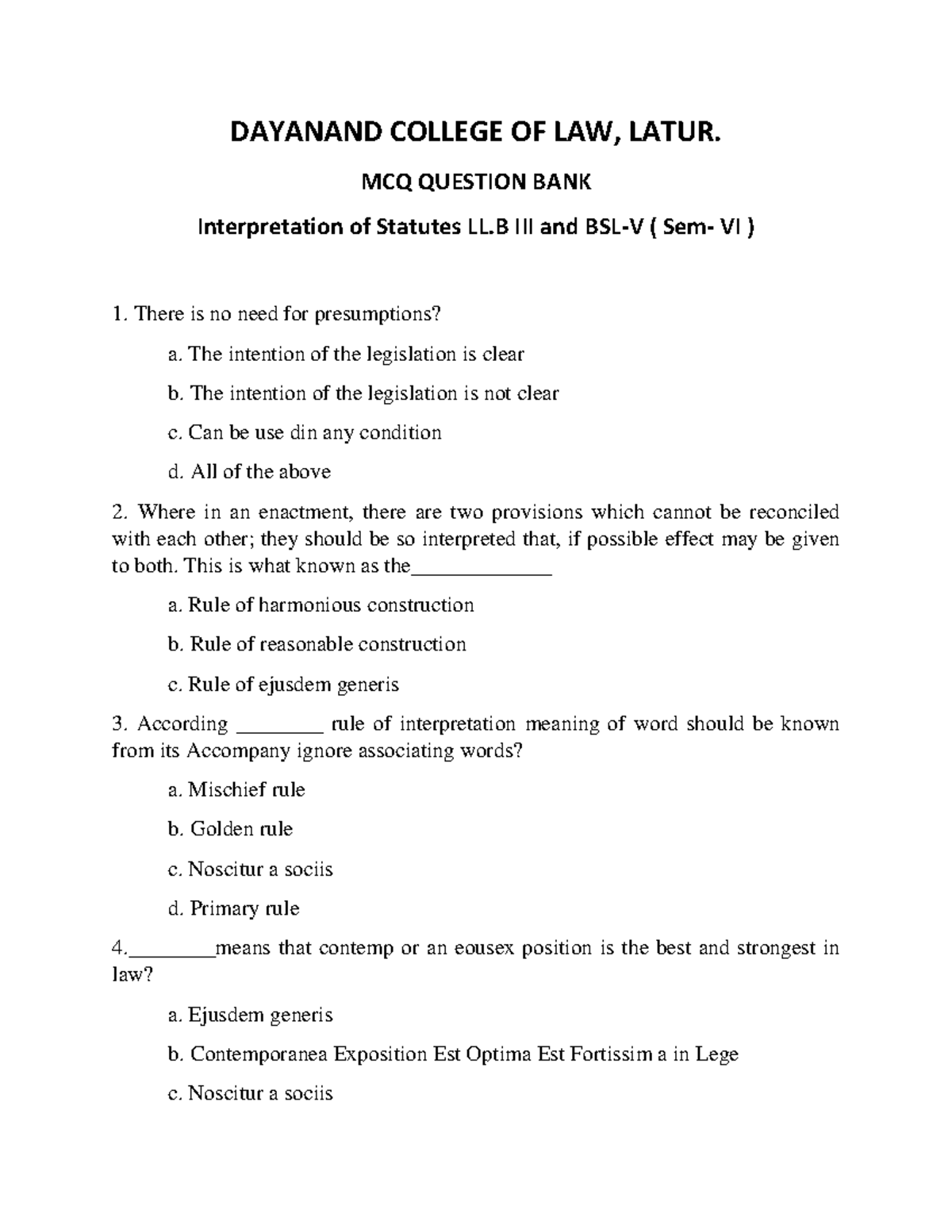 Mcq on Interpretation of Statutes Bachelor's of Business