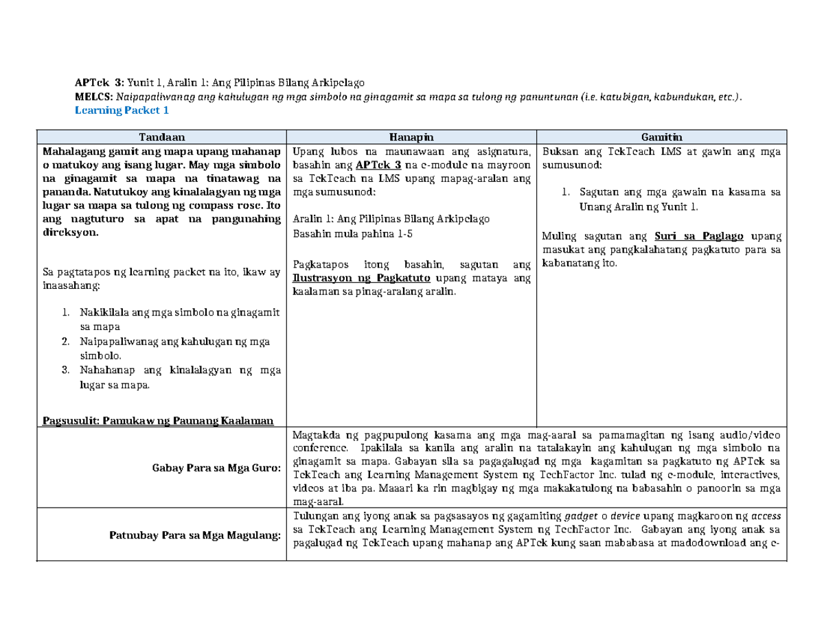 LP 1 Unit 1 revised - APTek 3: Yunit 1, Aralin 1: Ang Pilipinas Bilang ...
