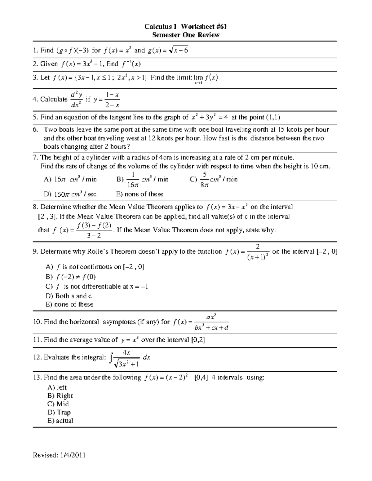 AB ws 061 Review - Calculus 1 worksheet provided by Dr.Meyers with ...