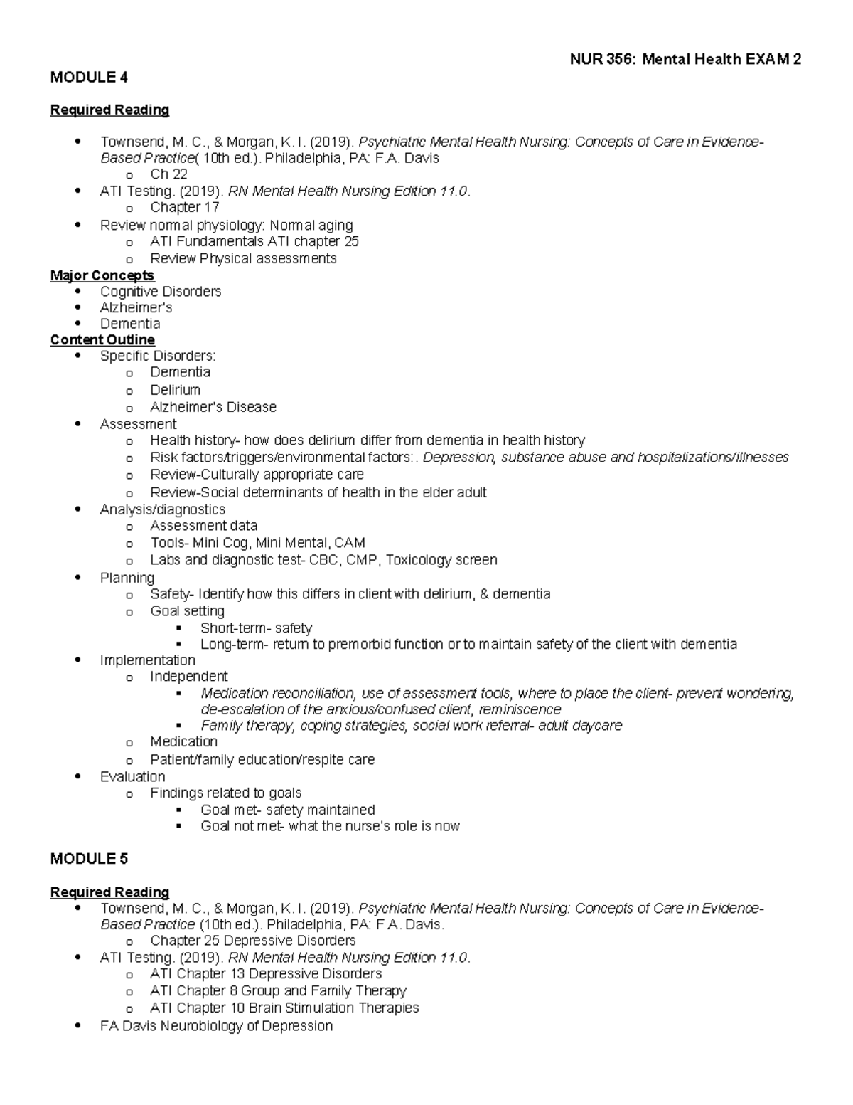 Exam 2 outline (mental health) - NUR 356: Mental Health EXAM 2 MODULE 4 ...