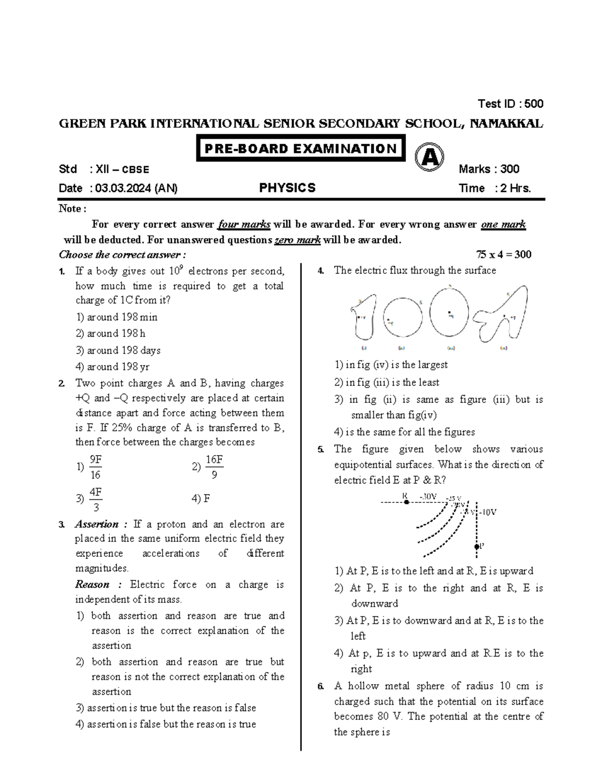 Xiicbse PHY NEET QP - Test ID : 500 A GREEN PARK INTERNATIONAL SENIOR ...