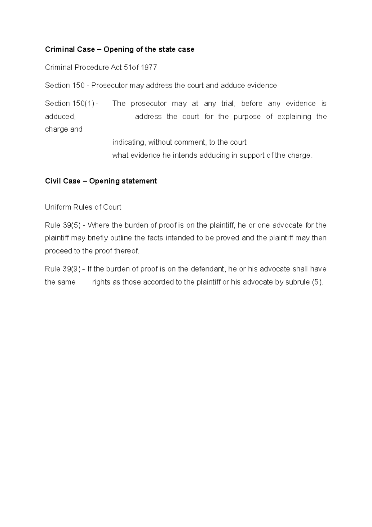 Rules and Sections on Opening Statement in court Criminal Case