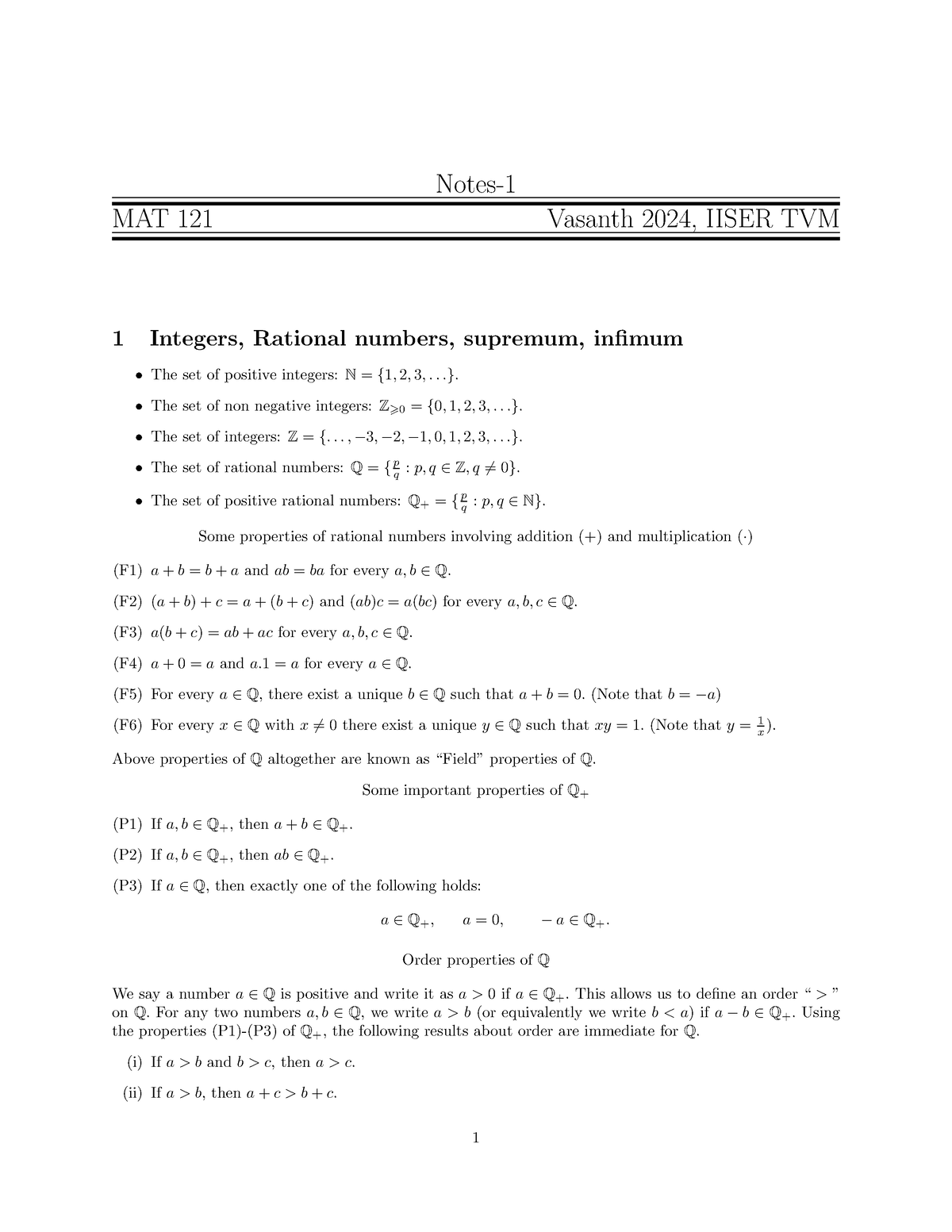 Real Analysis For Calculus - Notes- MAT 121 Vasanth 2024, IISER TVM 1 ...