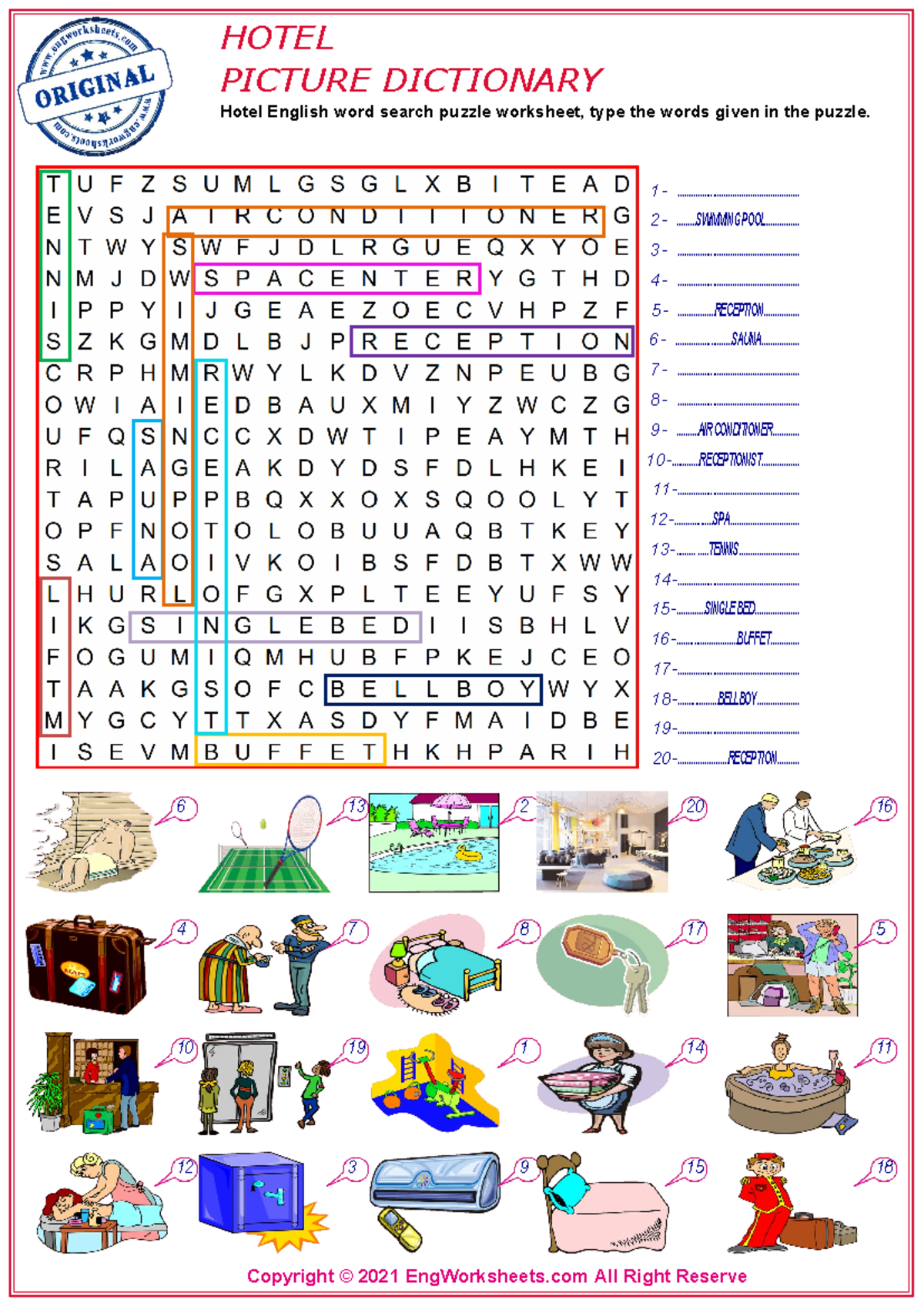 Actividad Ingles - HOTEL PICTURE DICTIONARY Hotel English word search ...