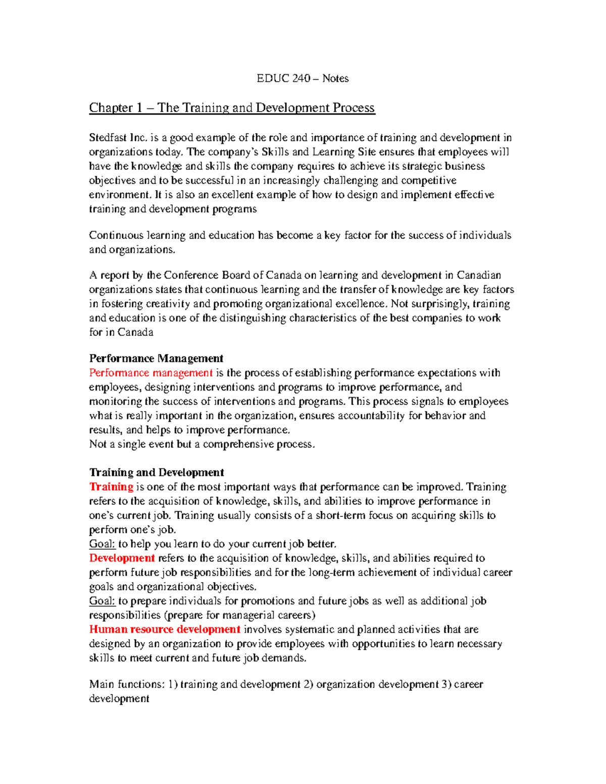 Notes Ch.by Ch. Educ 240 - EDUC 240 – Notes Chapter 1 – The Training ...