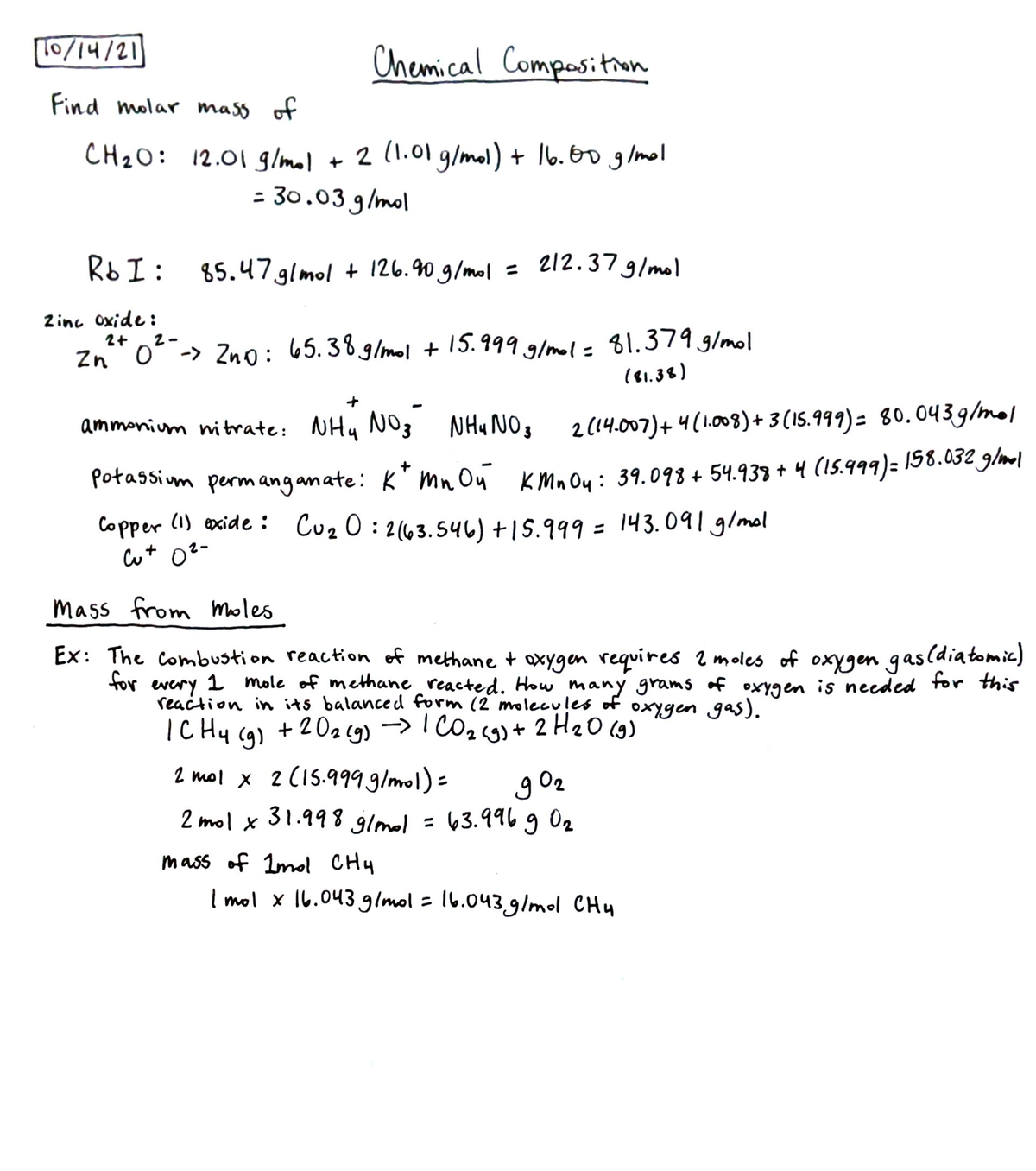 Chapter 8 Notes - 10/14/ Chemical Composition Find molar mass of CH20 ...