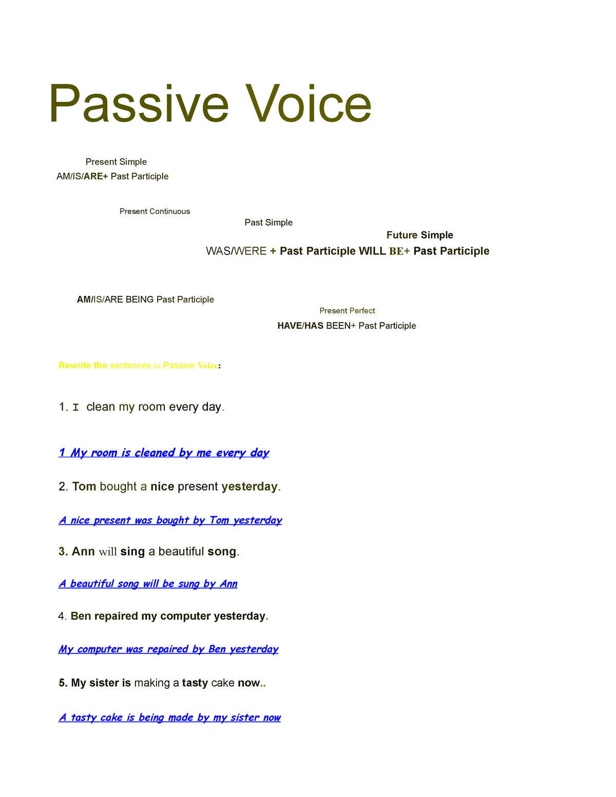 NATA Practice Grammar document - Passive Voice Present Simple AM/IS ...