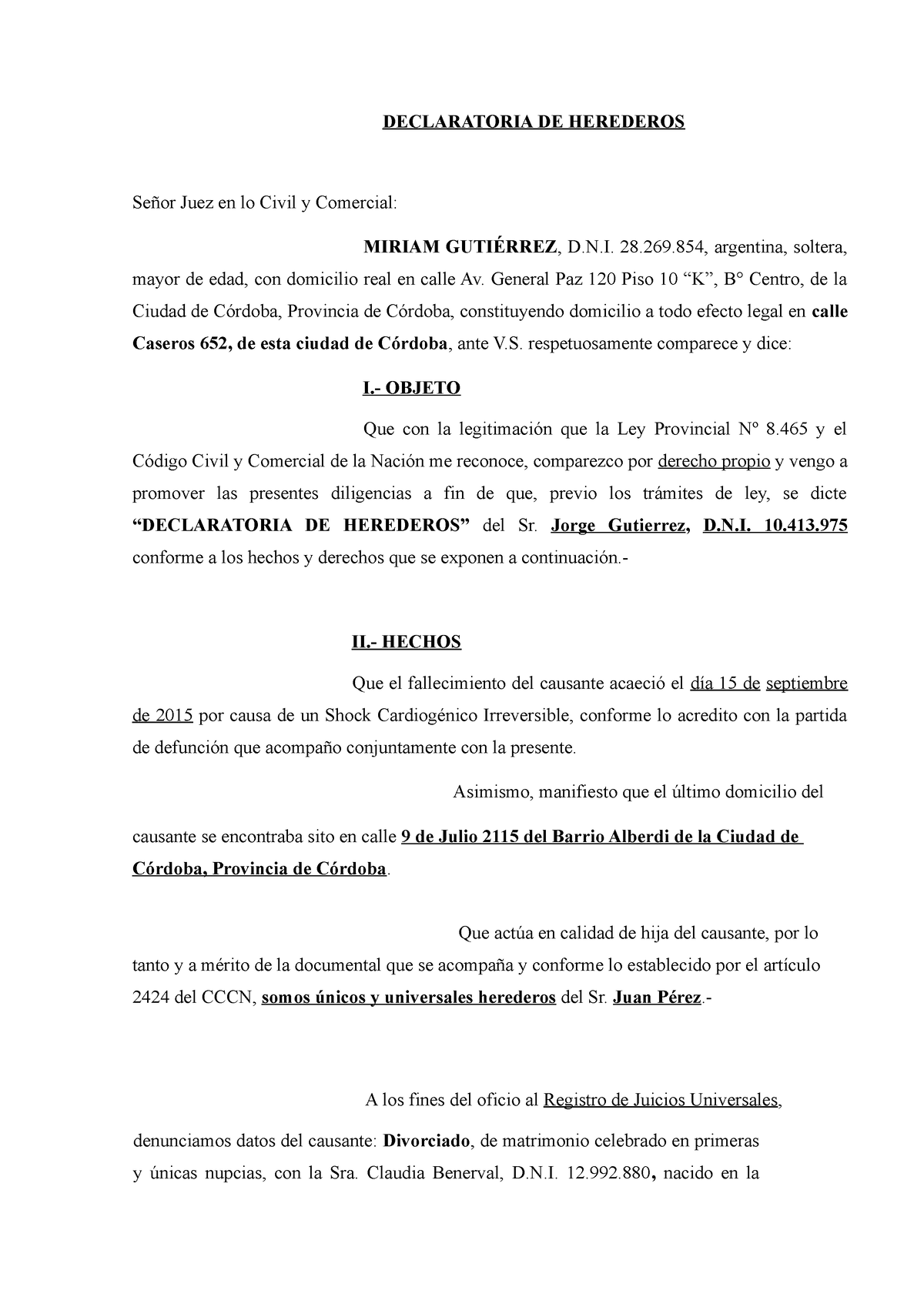 Solicita Declaratoria DE Herederos TP1 - DECLARATORIA DE HEREDEROS ...