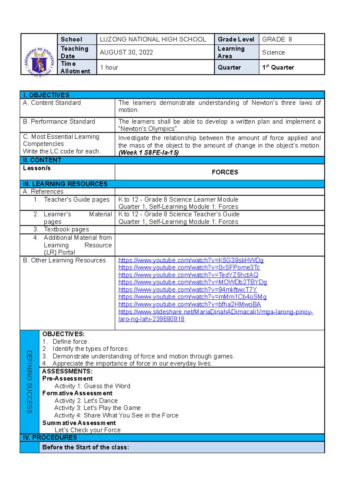 Daily Lesson Plan - School LUZONG NATIONAL HIGH SCHOOL Grade Level ...