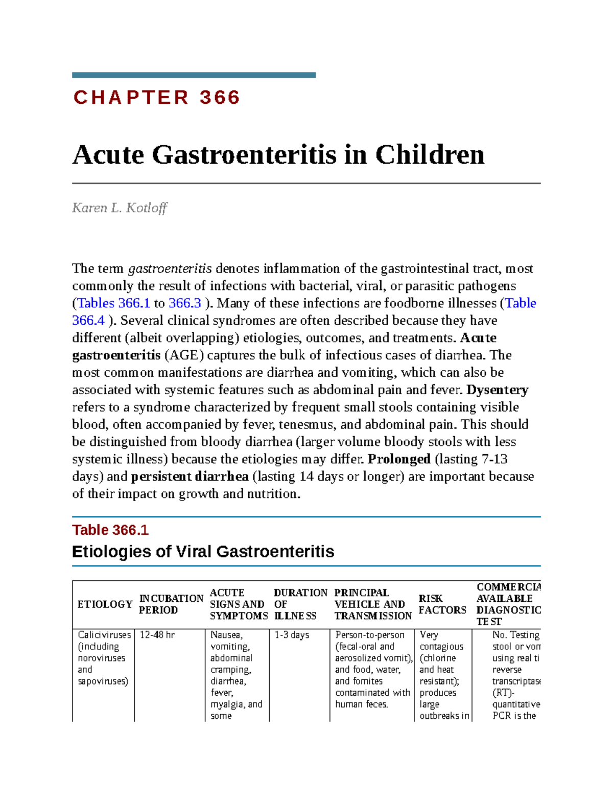 Acute Diarrhea Nelson Pediatrics C H A P T E R 3 6 6 Acute Gastroenteritis in Children Karen L