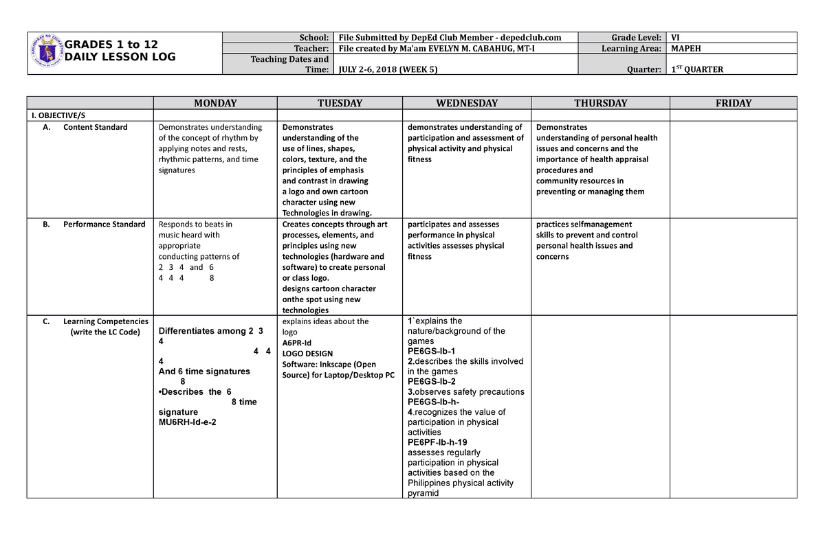 DLL Mapeh 6 Q1 W5 - NO COMMENT - GRADES 1 To 12 DAILY LESSON LOG School ...