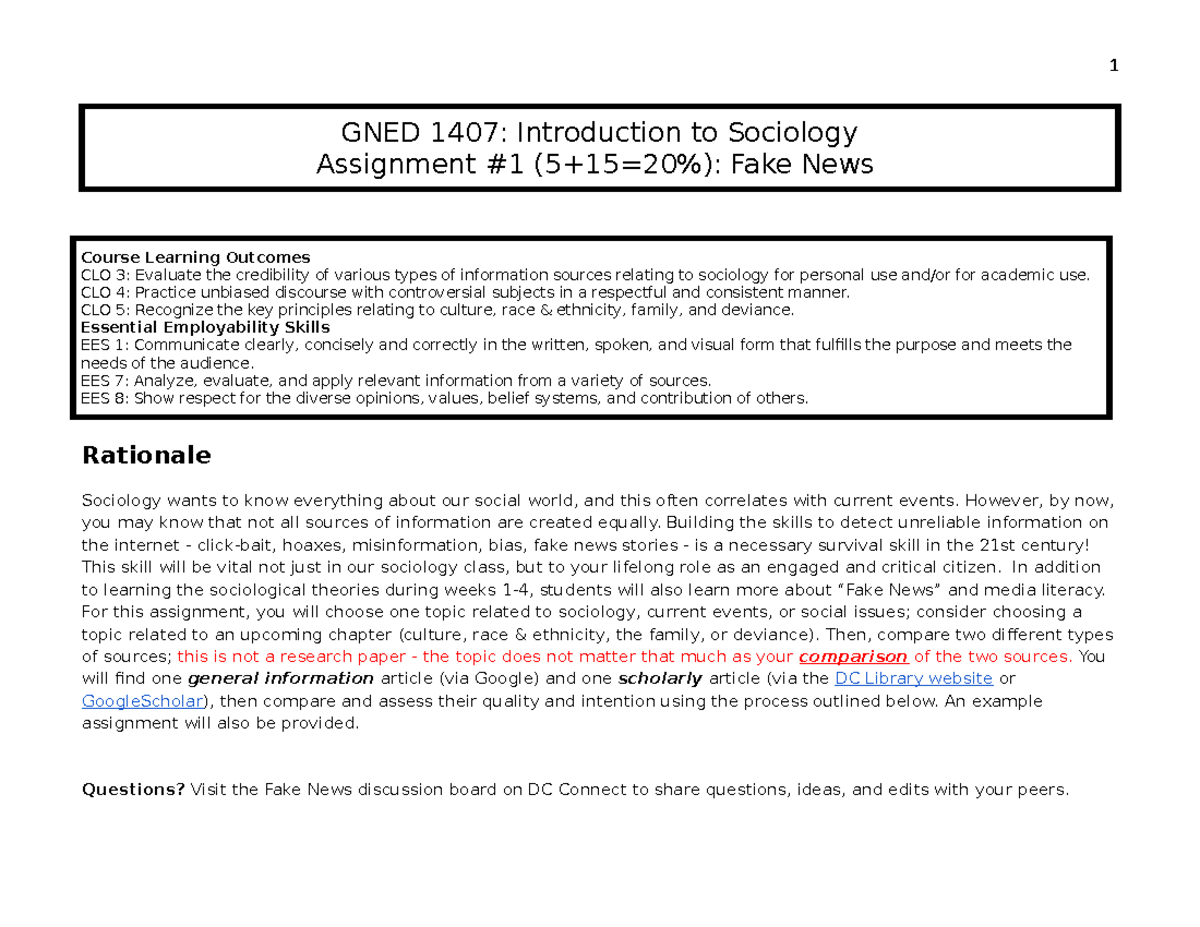 GNED 1407 Assignment #1 - Fake News (20%) [510] Rubric - GNED 1407 ...