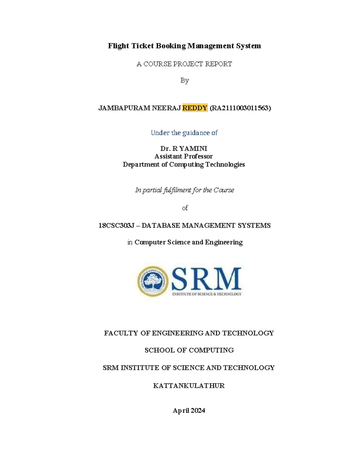 DBMS Report (563) - notes - Flight Ticket Booking Management System A ...