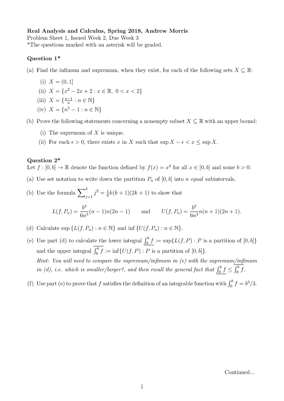 Problem Sheet 1 - Real Analysis And Calculus, Spring 2018, Andrew 