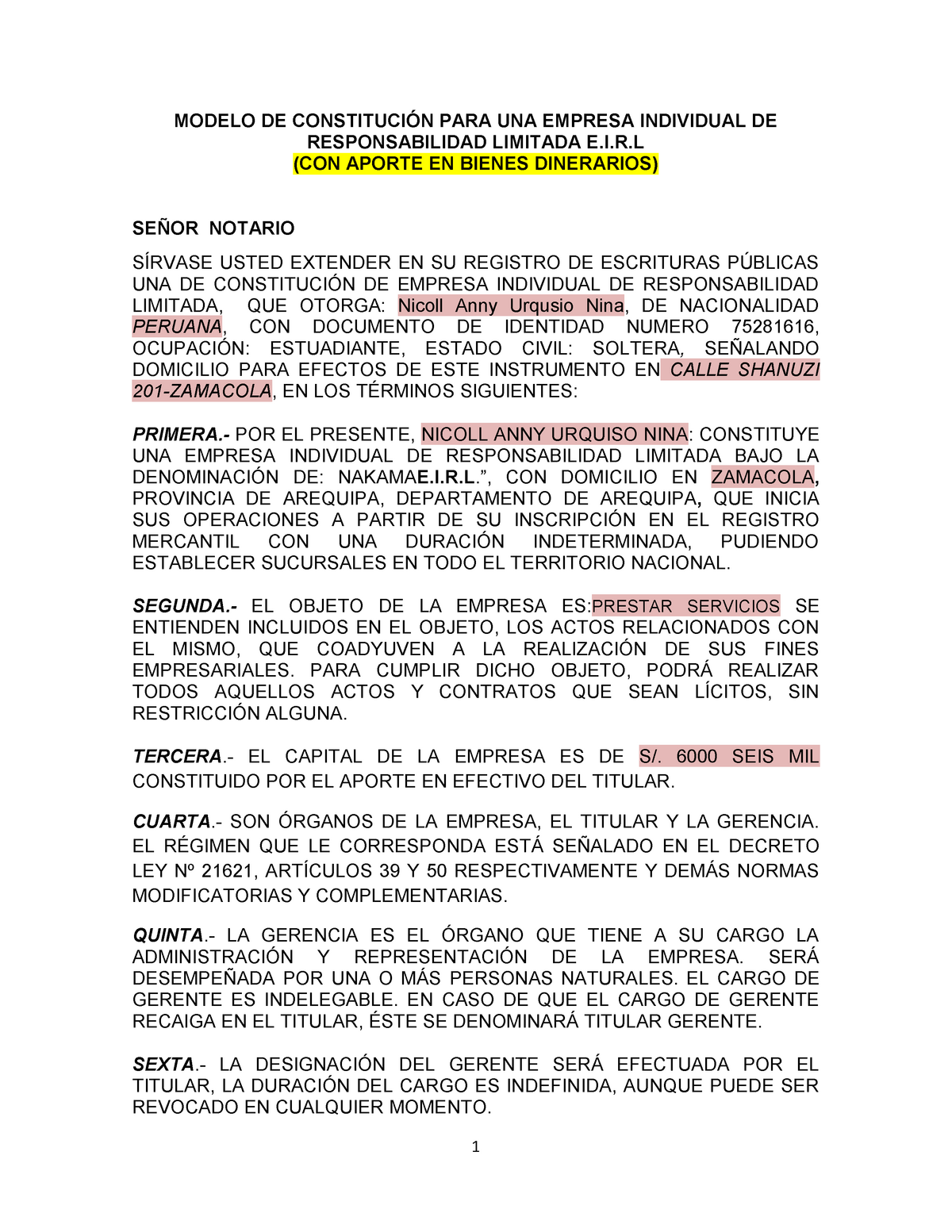 Formato de Minuta numero 1 - 1 MODELO DE CONSTITUCIÓN PARA UNA EMPRESA ...