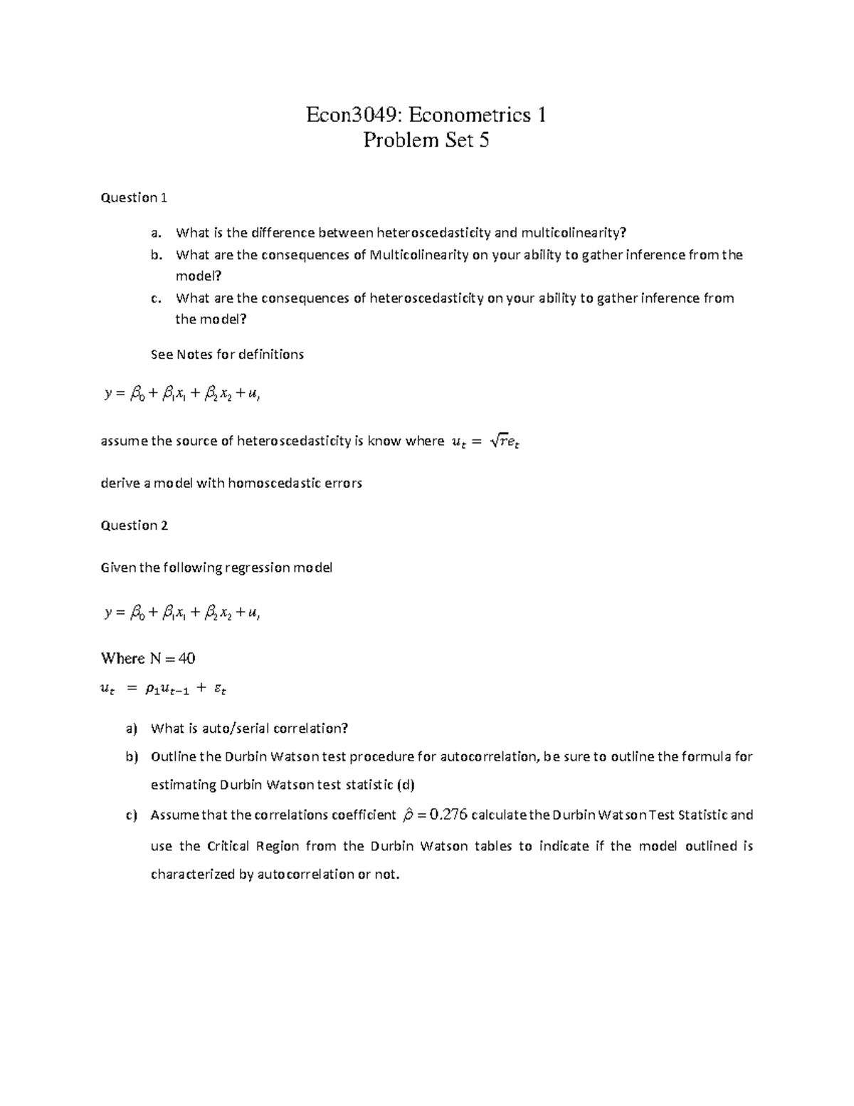 Problem Set 5 - question - Econ3049: Econometrics 1 Problem Set 5 ...