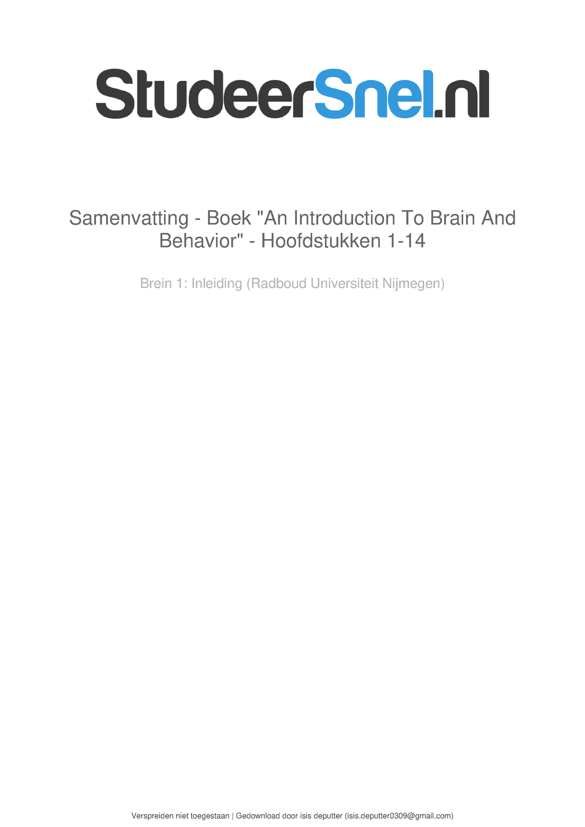 Samenvatting Boek An Introduction To Brain And Behavior Hoofdstukken 1 ...