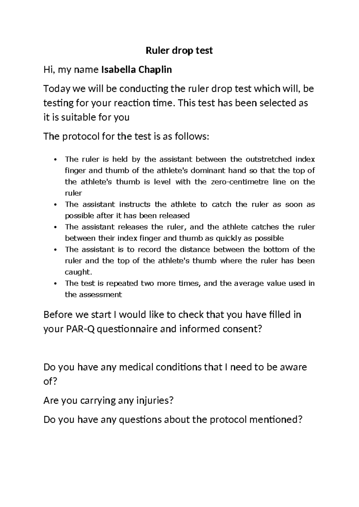 Script for ruler drop test Ruler drop test Hi, my name Isabella