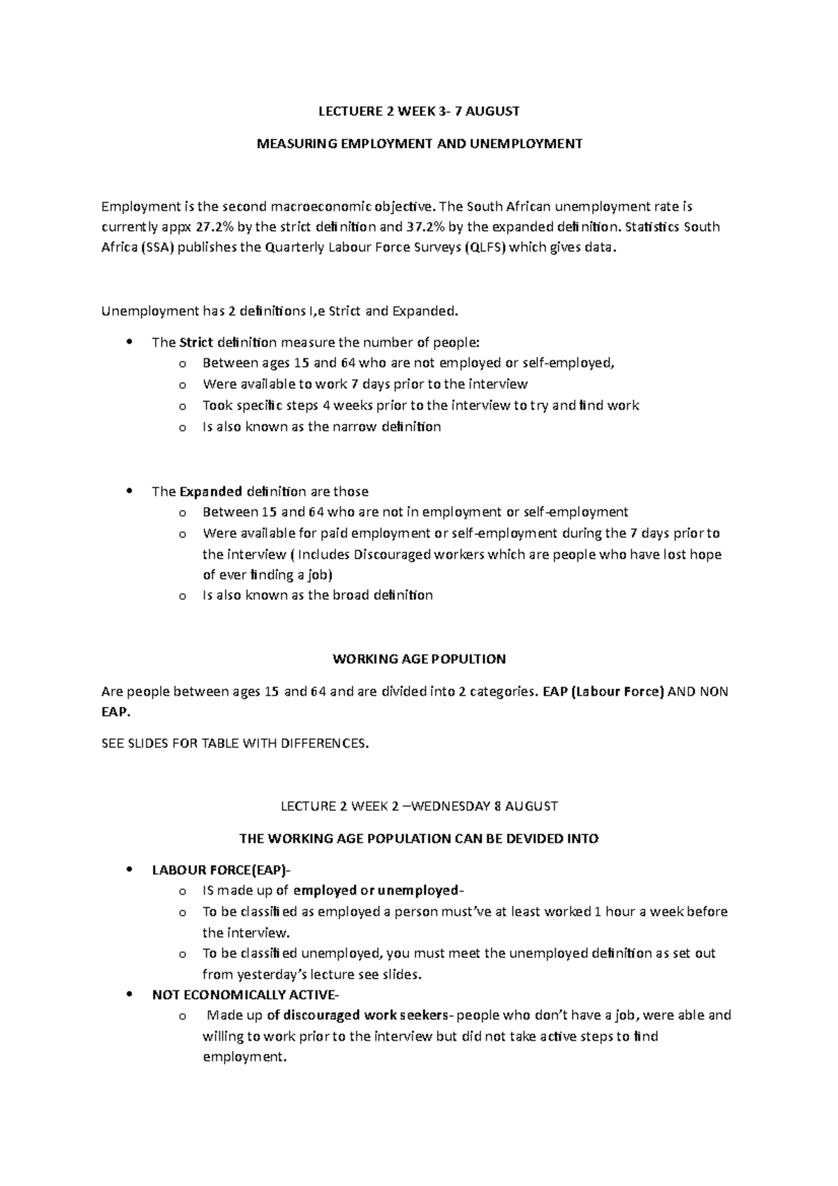 Measuring Employment AND Unemployment LECTUERE 2 WEEK 7 AUGUST