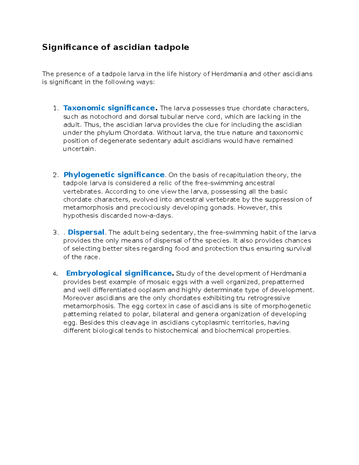 Significance of Ascidian tadpole - Taxonomic significance. The larva ...
