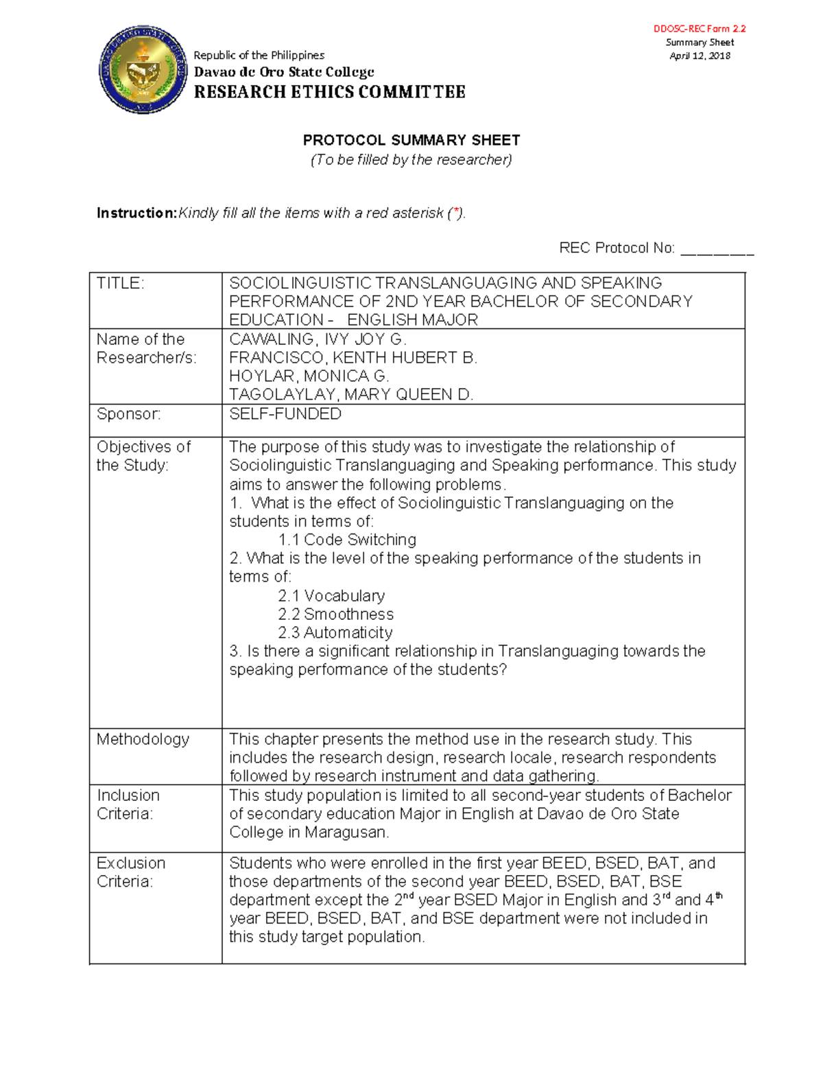 Protocol Summary Sheet - DDOSC-REC Form 2. Summary Sheet Republic of ...