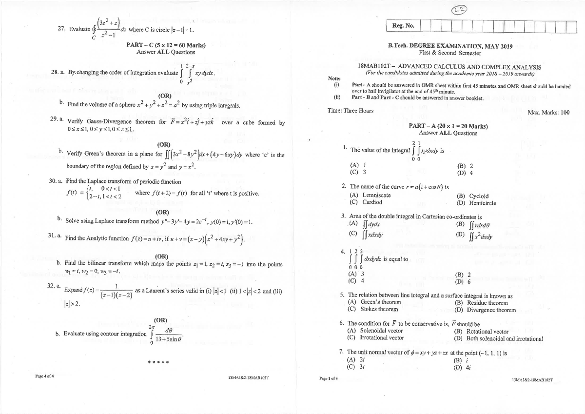 18MAB102T- Sample Paper-2 - Advanced Calculus And Complex Analysis ...