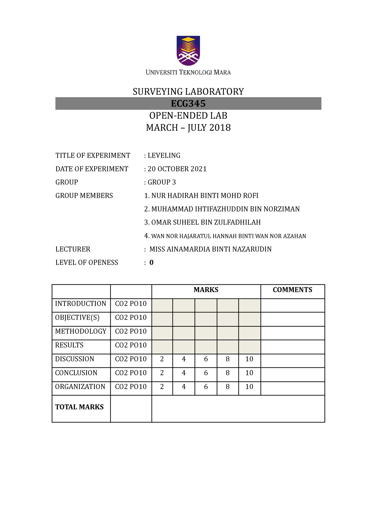 Group 3 Lab Levelling level 0 (Week 2) - SURVEYING LABORATORY ECG OPEN ...