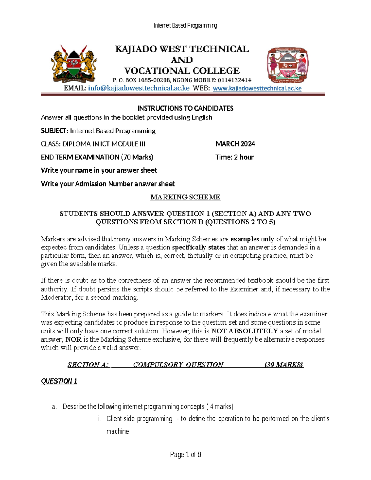 Internet Based Programming MS - INSTRUCTIONS TO CANDIDATES Answer all ...