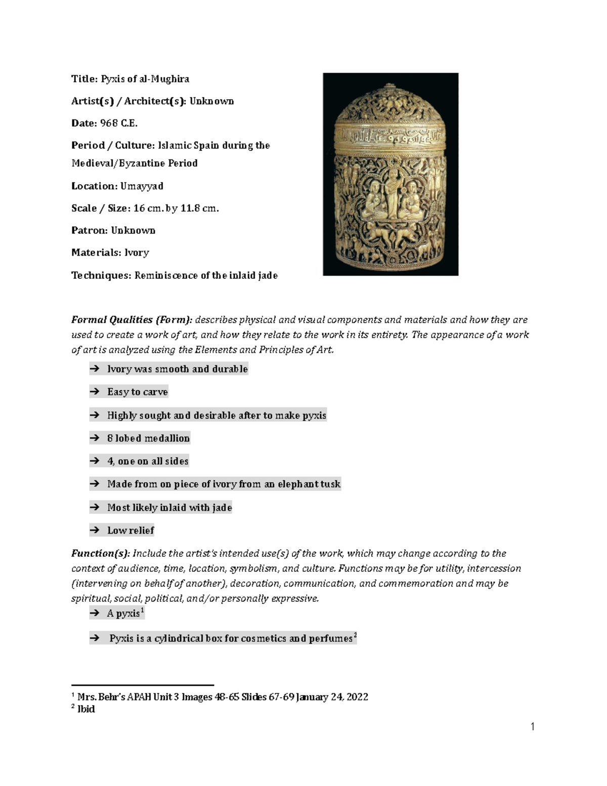 APAH - Study Guide Templates #57-65 - Title: Pyxis of al-Mughira Artist ...