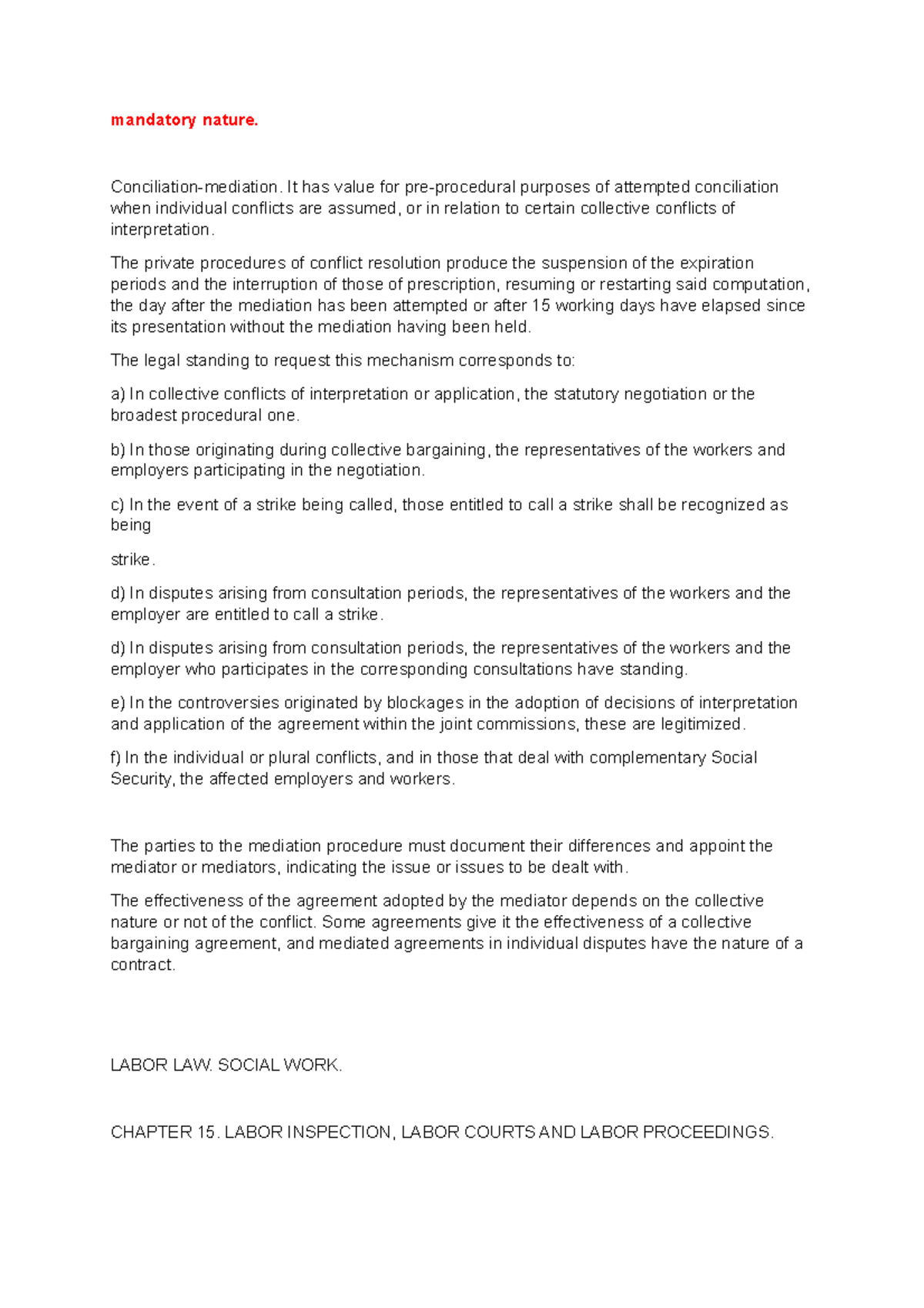 Labor LAW. Social WORK. Chapter TWO 7 mandatory nature. Conciliation