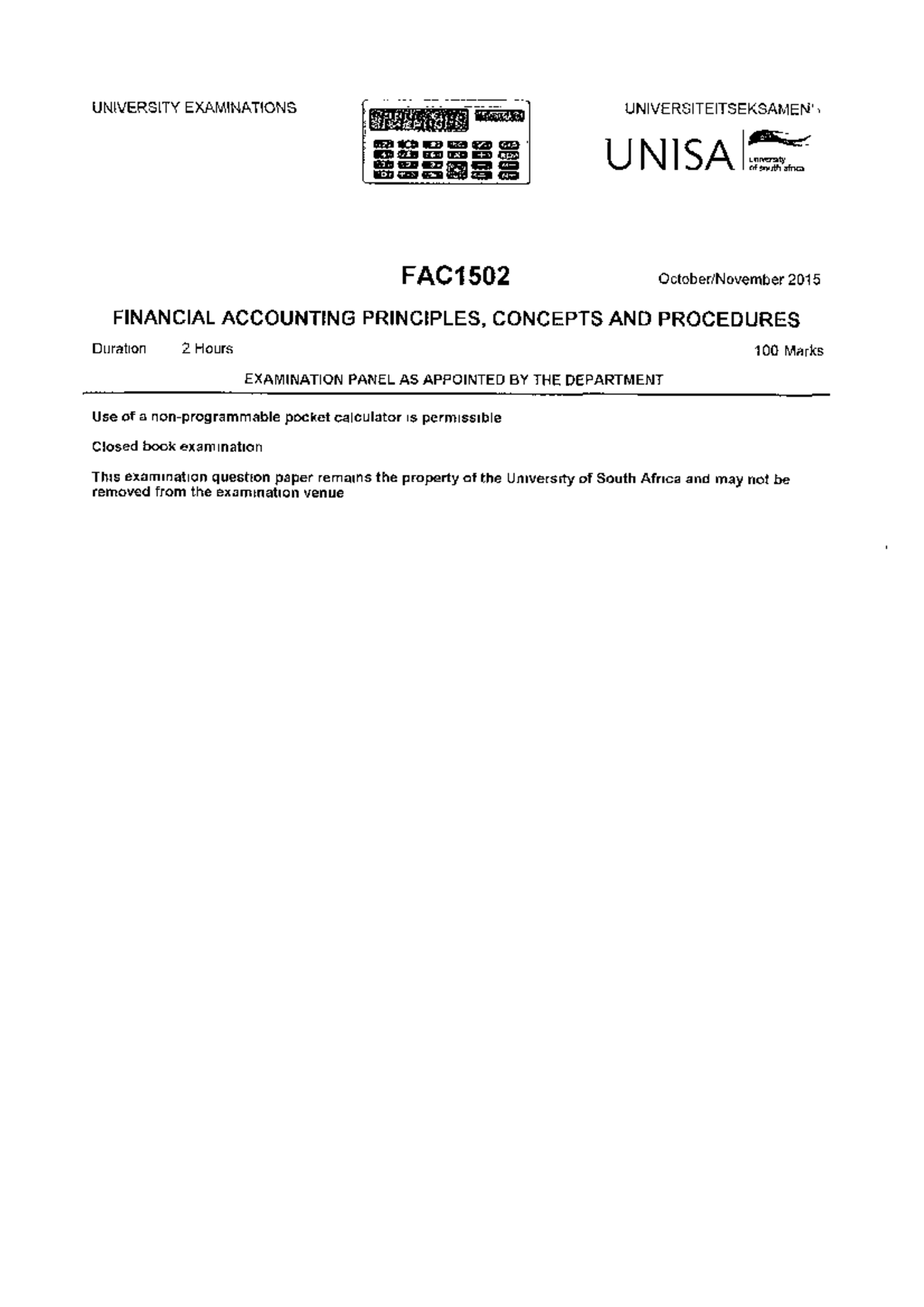 FAC1502 2015 10 E 1 - oCTOBER EXAM - FAC1502 - Studocu