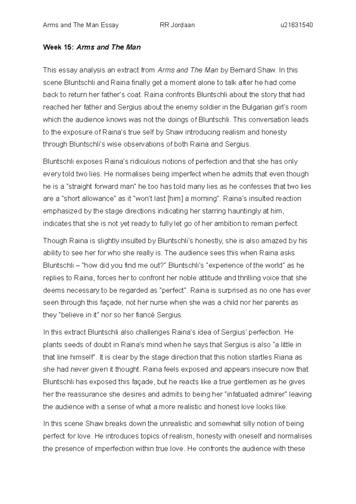 Week 15 Arms and The Man Essay Worksheet Arms and The Man Essay RR