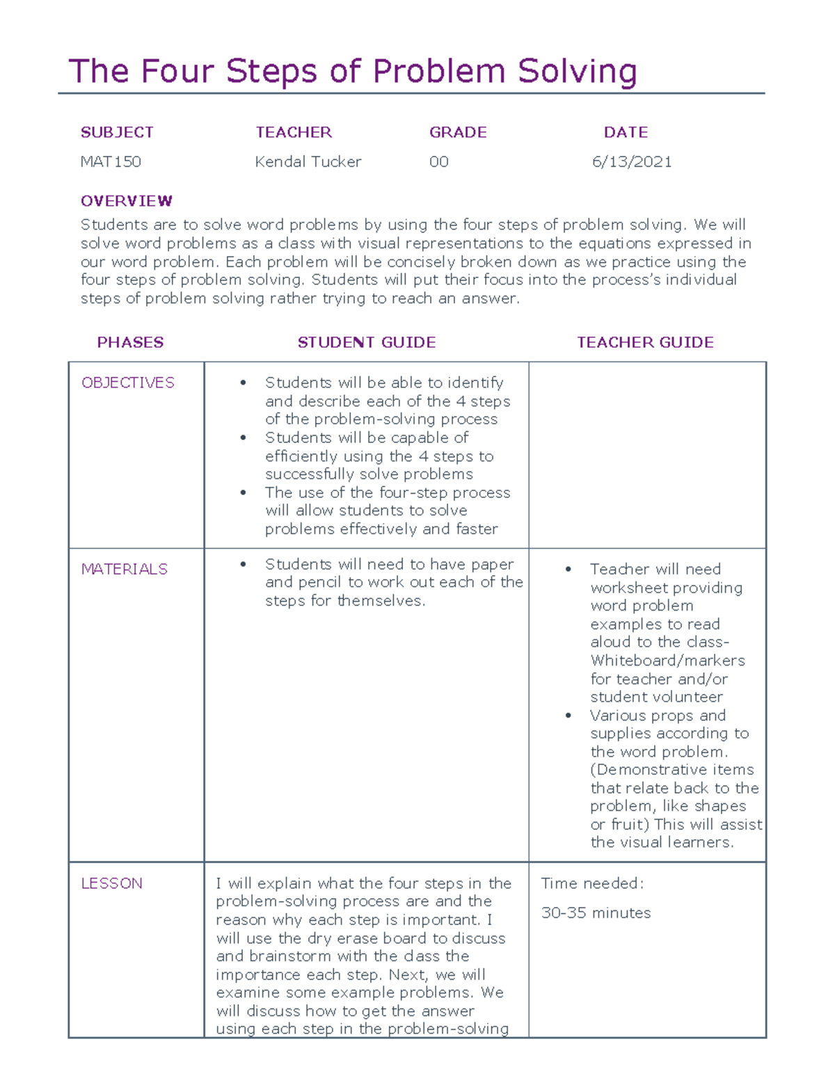 Lesson Plan 1 - The Four Steps of Problem Solving SUBJECT TEACHER GRADE ...