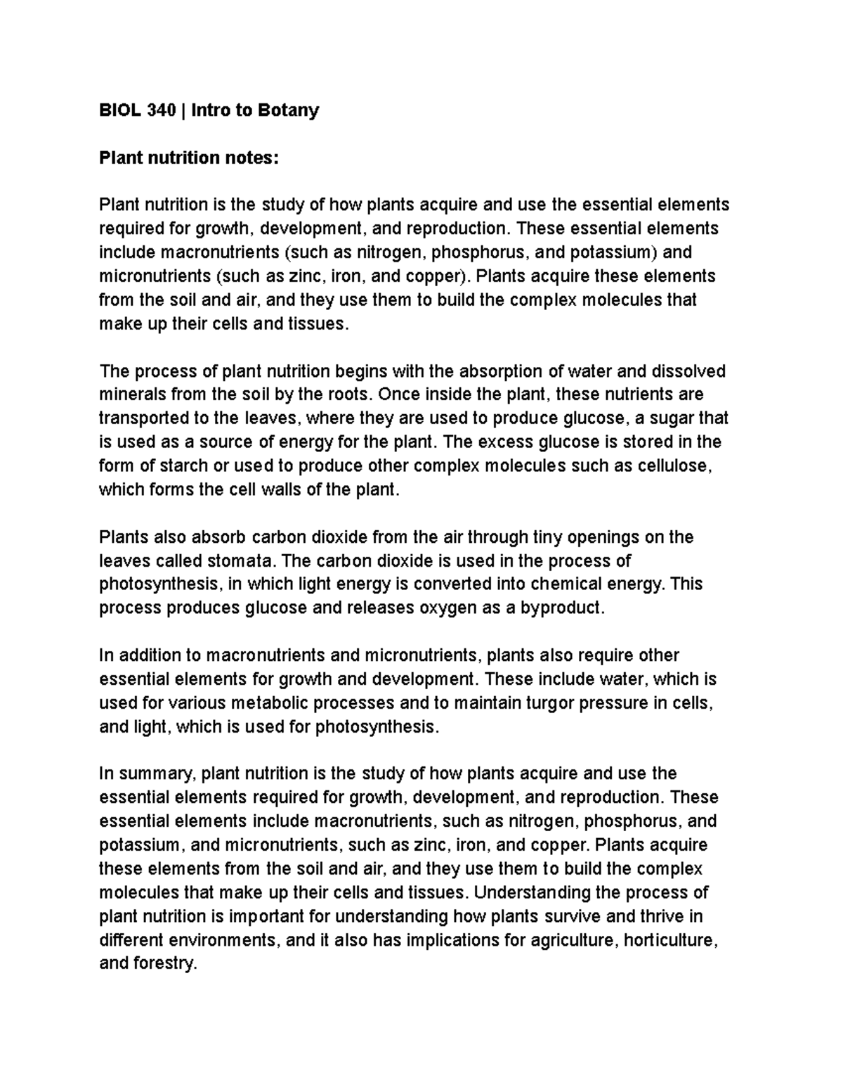 BIOL 340 Plant nutrition notes BIOL 340 Intro to Botany Plant