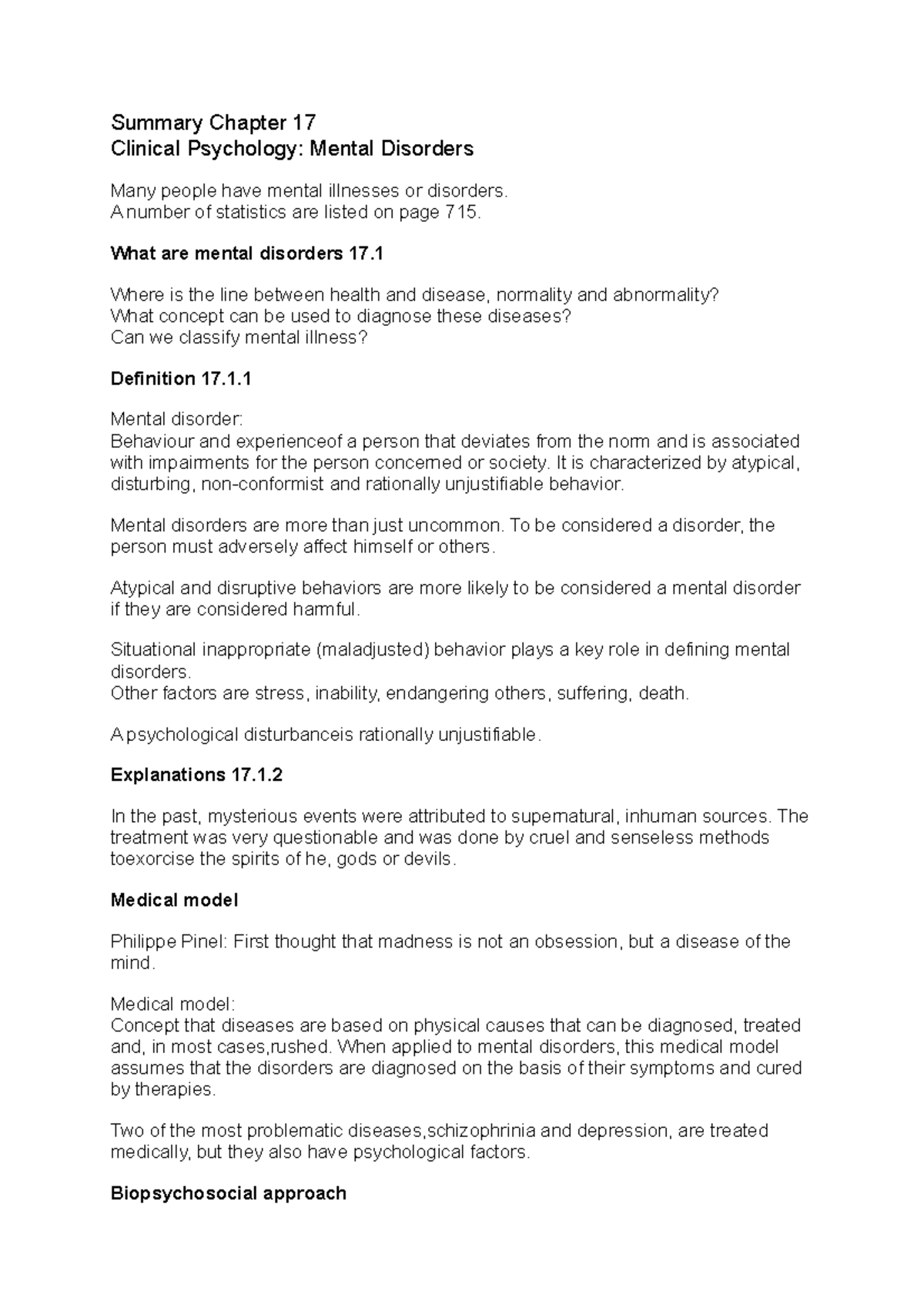 Summary Chapter 17 - Clinical Psychology (part 1) - Summary Chapter 17 ...