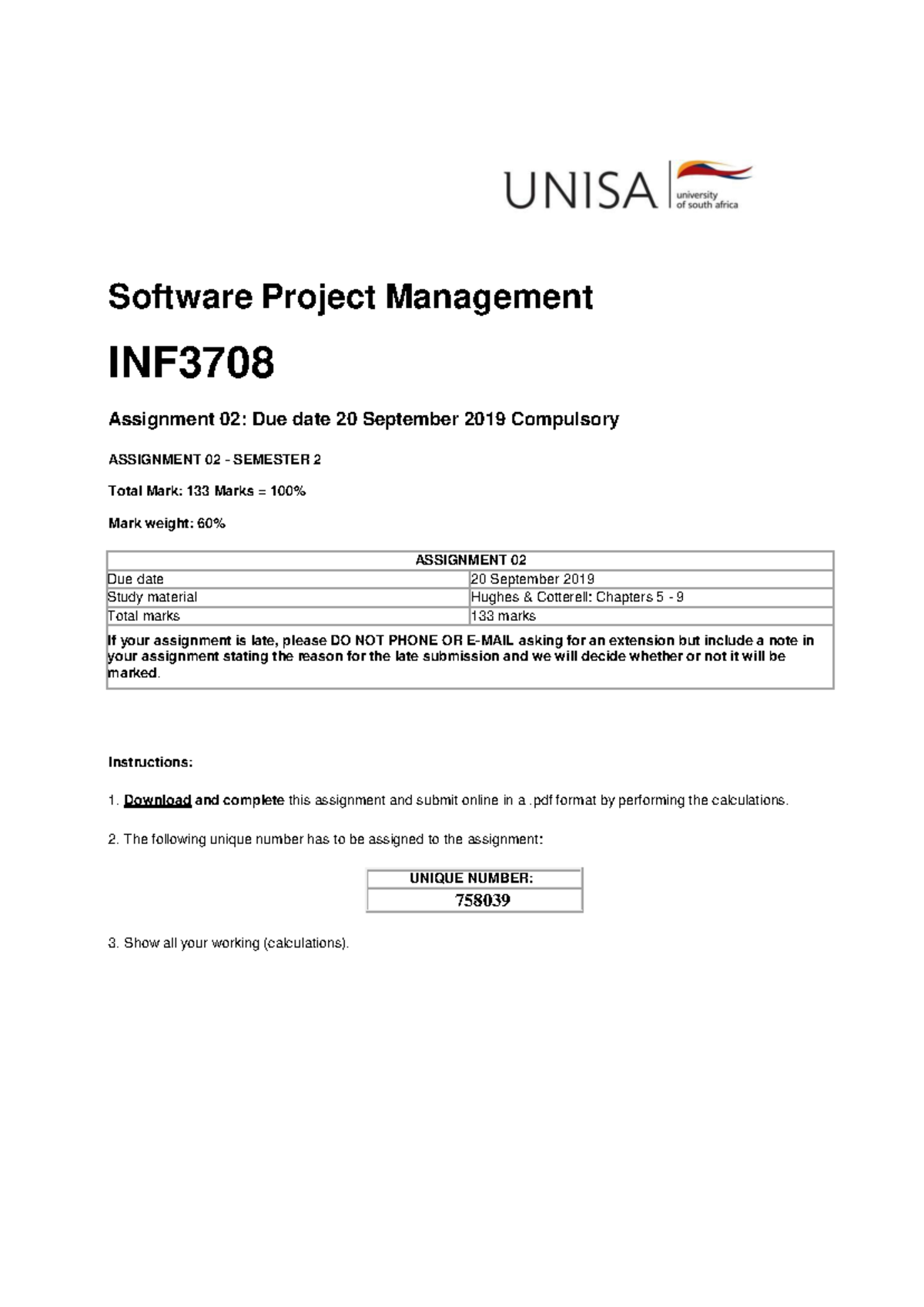 INF3708 Assignment 02 2019 S2 Correct - Software Project Management INF ...