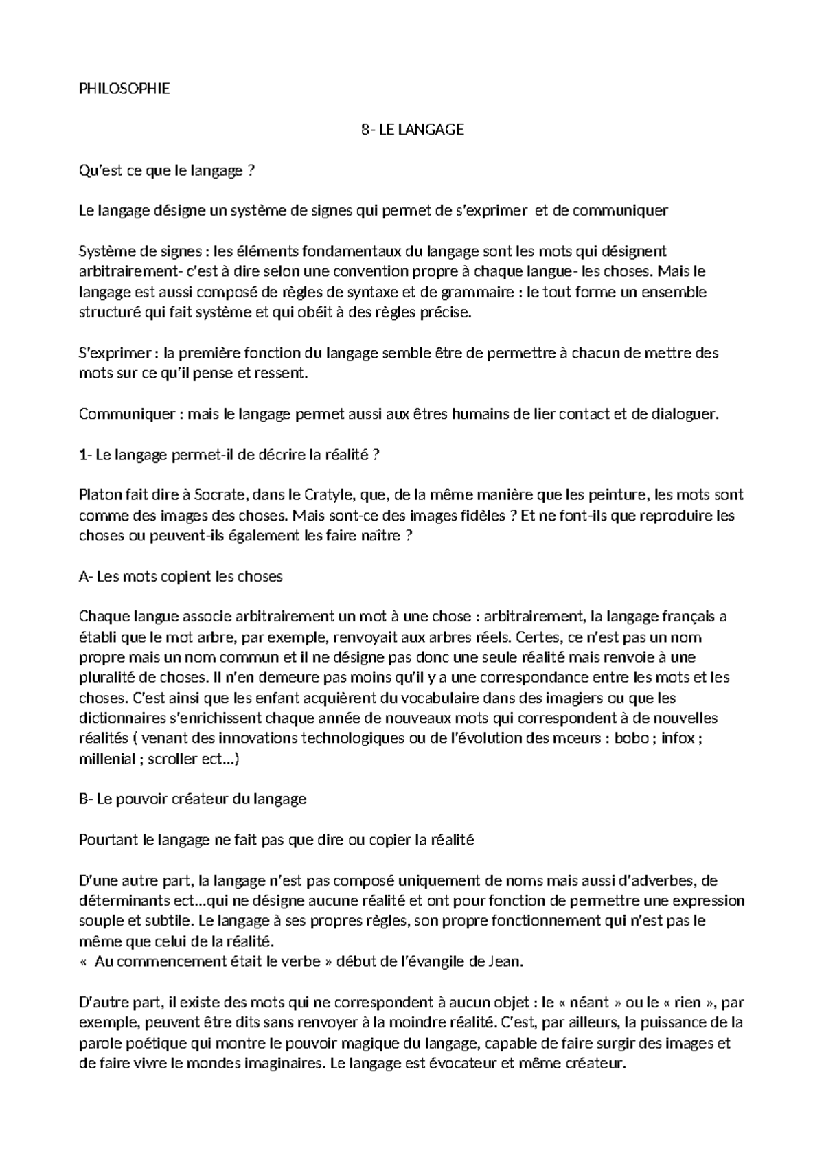 LE Langage Philo - PHILOSOPHIE 8- LE LANGAGE Qu'est ce que le langage ...