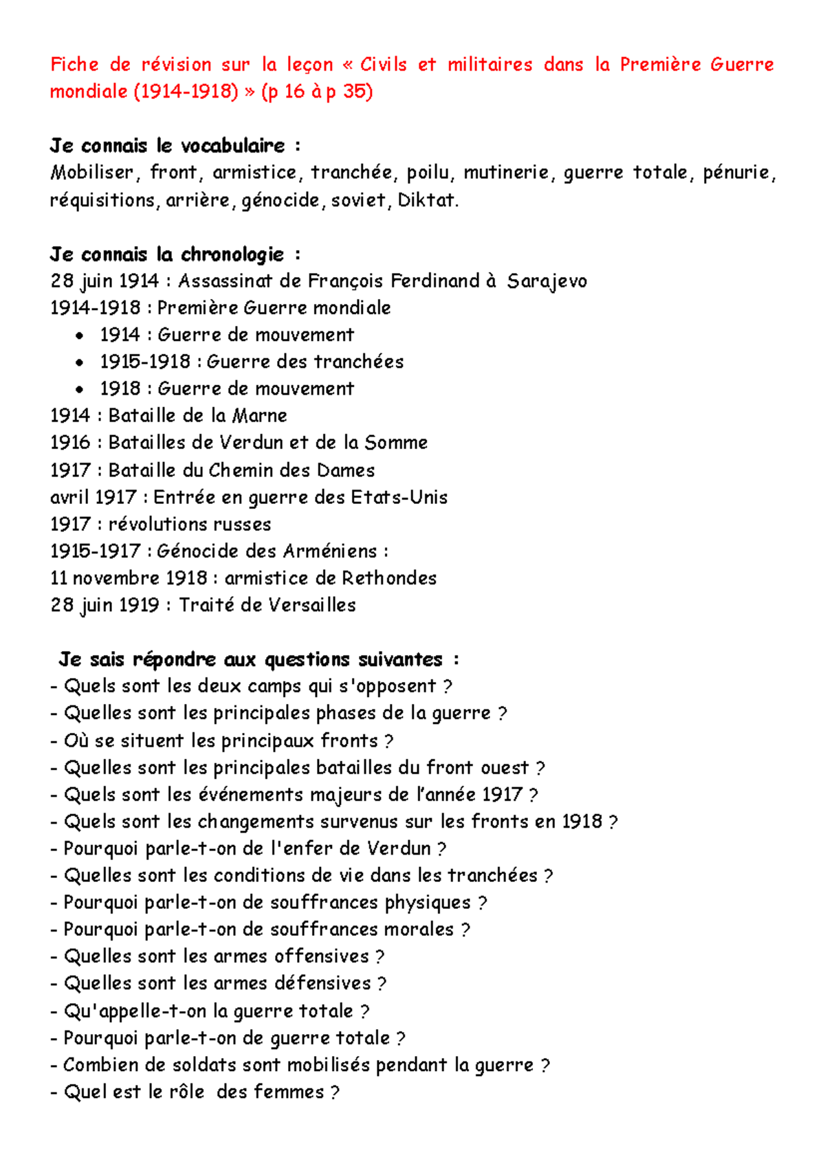 Fiche de révision Civils et militaires dans la Première Guerre mondiale ...