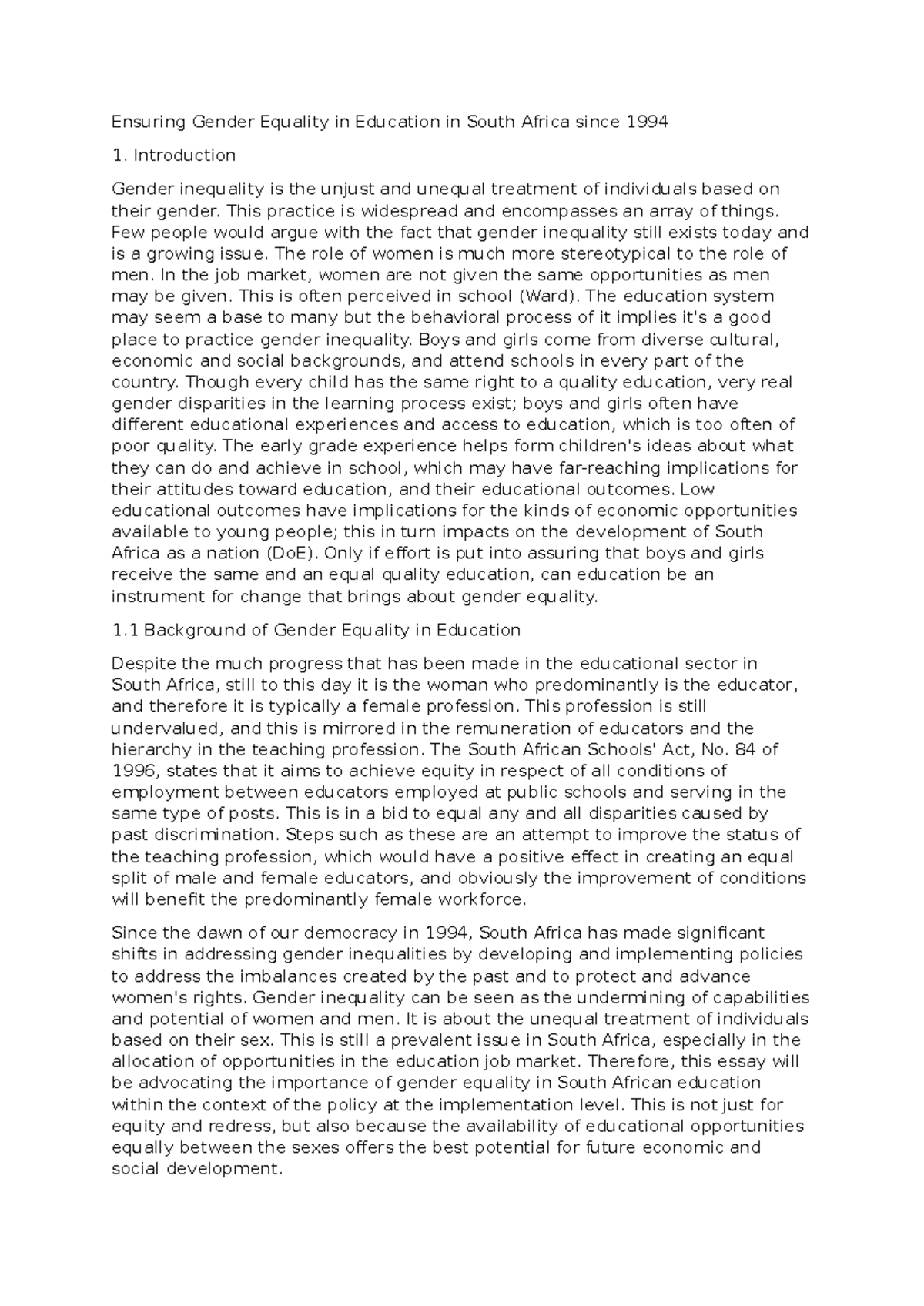 Ensuring Gender Equality in Education in South Africa since 1994 - This ...
