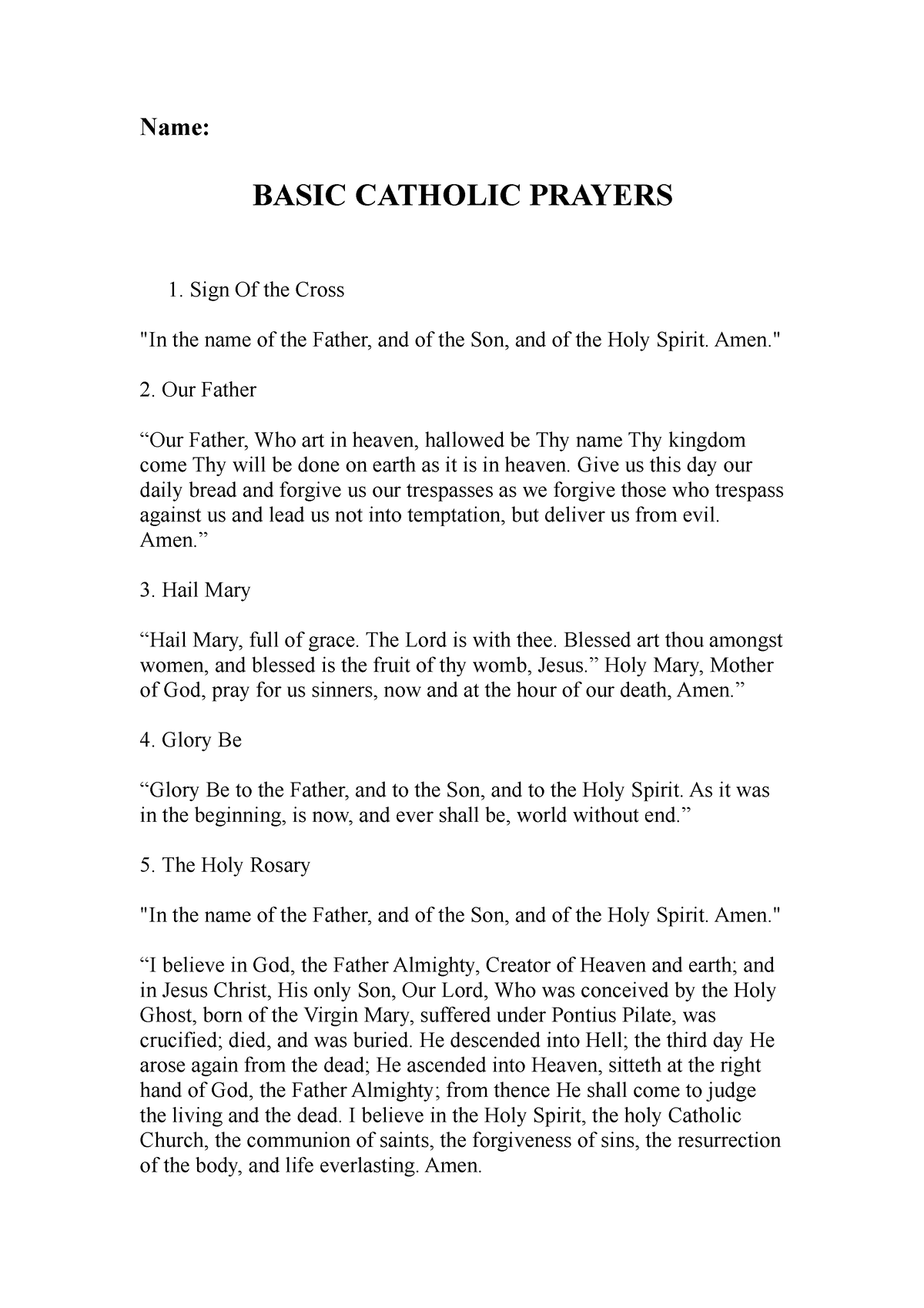 REED Basic Prayers Pleje - Name: BASIC CATHOLIC PRAYERS Sign Of the